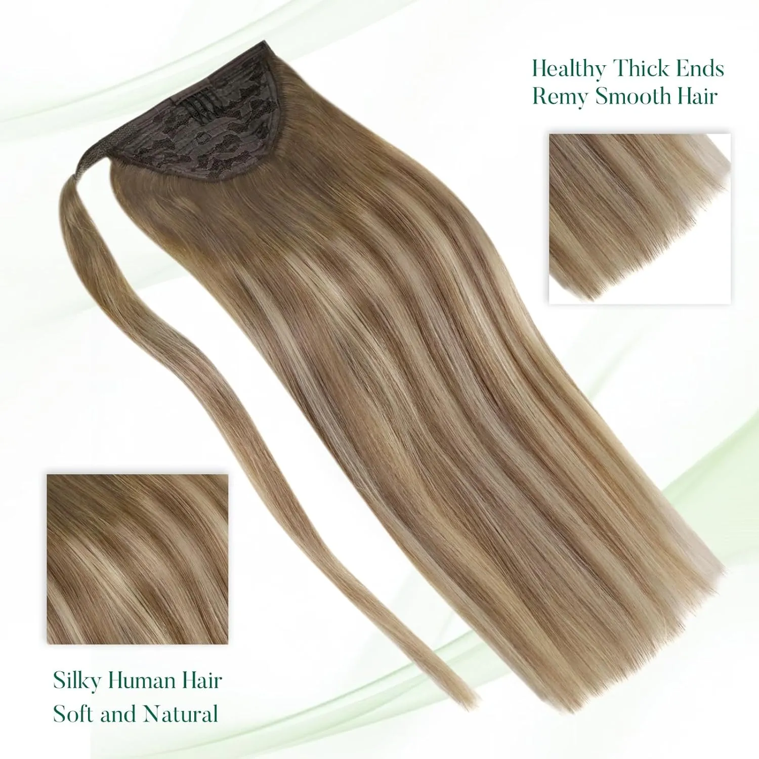 Easyouth Ponytail Extension Human Hair Balayage Pony Tails Hair Extensions Walnut Brown Ombre Ash Blonde mixed Platinum Blonde Ponytail Hair Extensions Human Hair Ponytail Natural 12Inch 70g