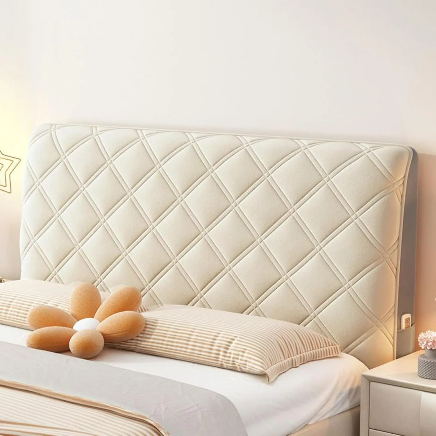 EFELIM Velvet Bed Headboard Slipcover for Queen Full Twin Cal King Size Beds, Quilted Bed Headboard Cover Upholstered Dustproof Protector Cover (Beige,160cm/63in)