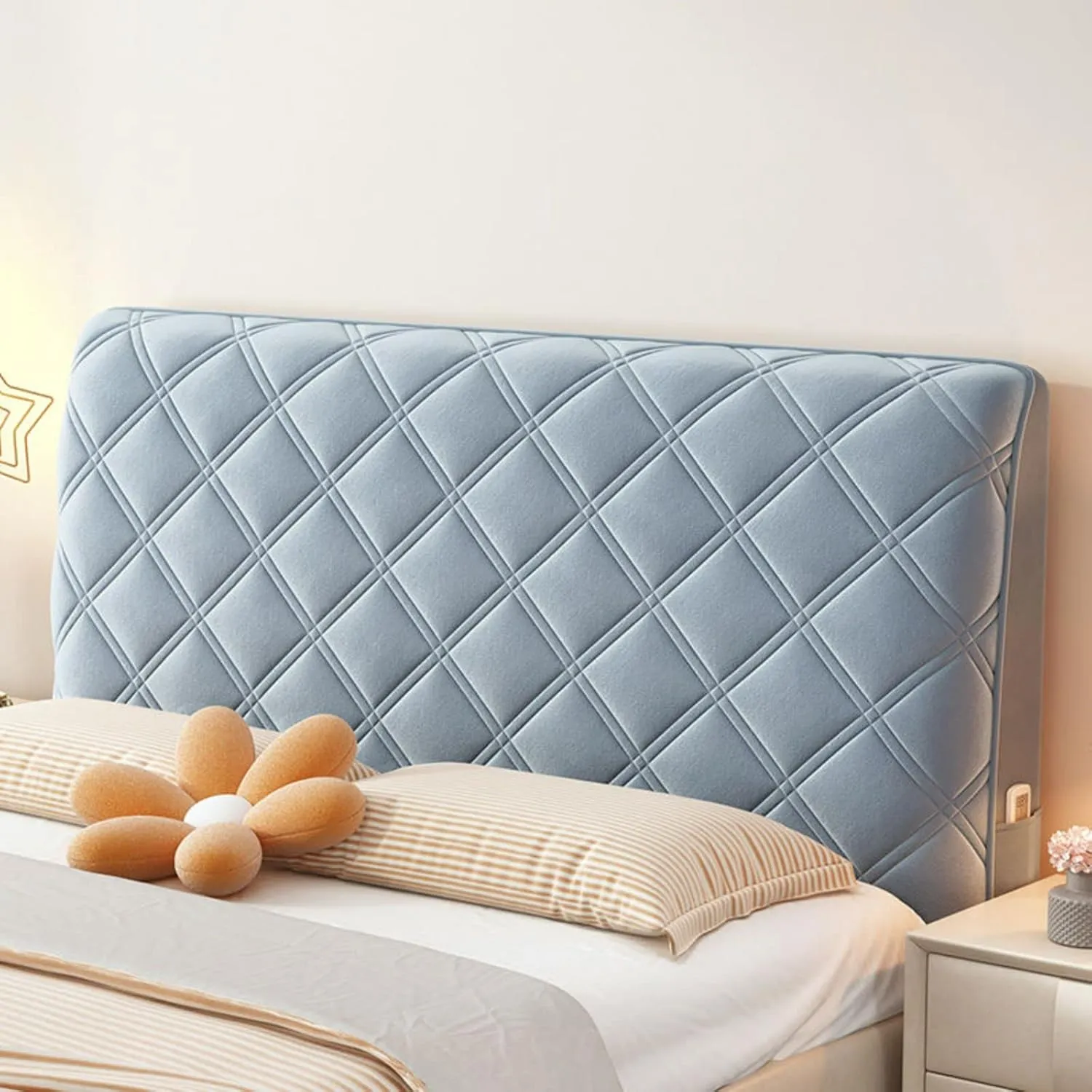 EFELIM Velvet Bed Headboard Slipcover for Queen Full Twin Cal King Size Beds, Quilted Bed Headboard Cover Upholstered Dustproof Protector Cover (Blue,160cm/63in)