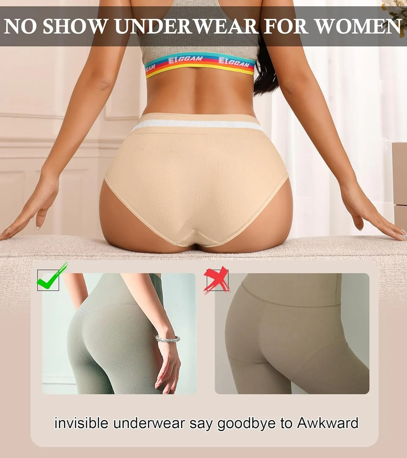 Eiggam Breathable Wicking Underwear High Waist Bikini Underwear Slight Tummy Control Panty Elastic No Show Cheeky Panty Pack