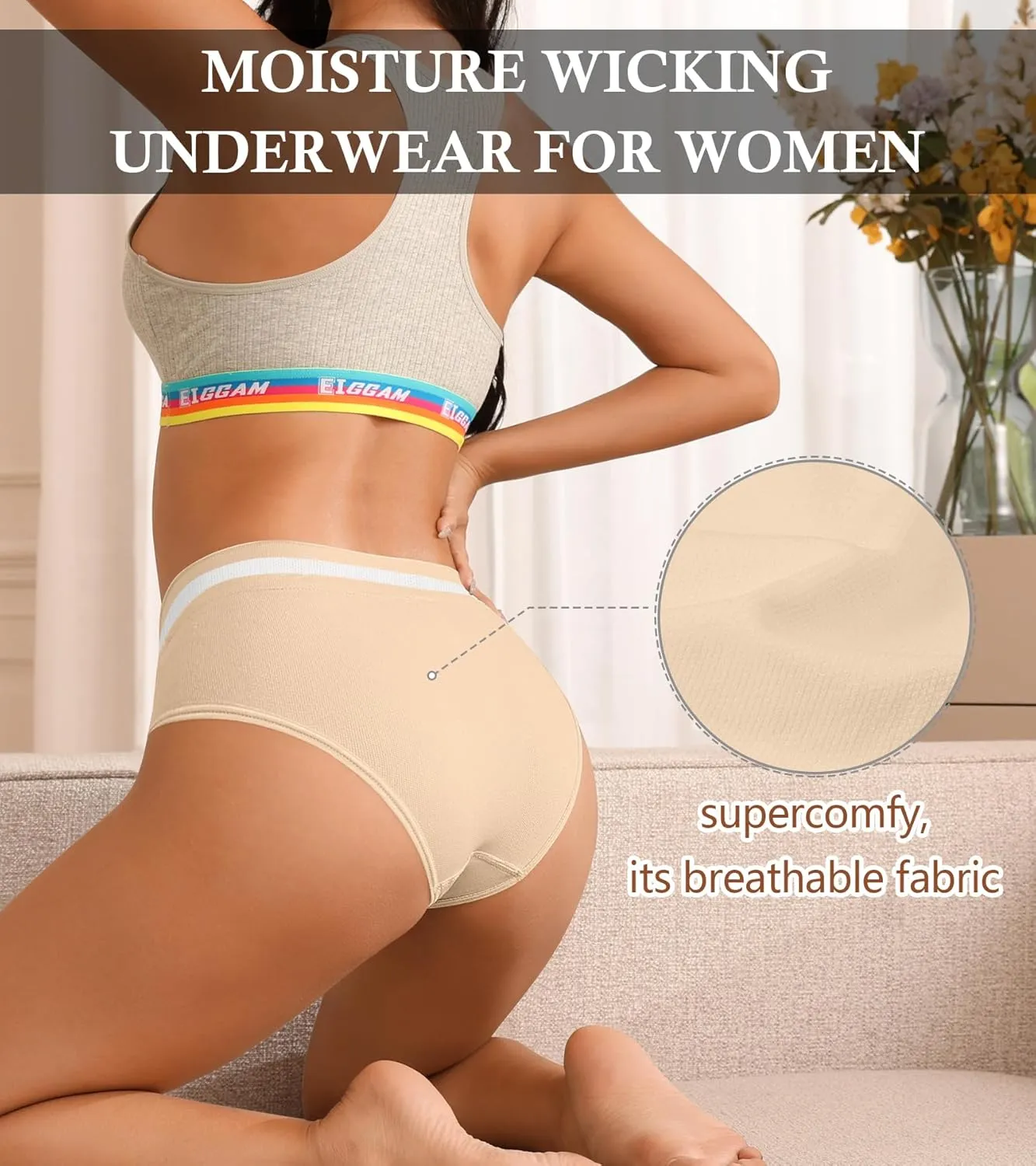 Eiggam Breathable Wicking Underwear High Waist Bikini Underwear Slight Tummy Control Panty Elastic No Show Cheeky Panty Pack