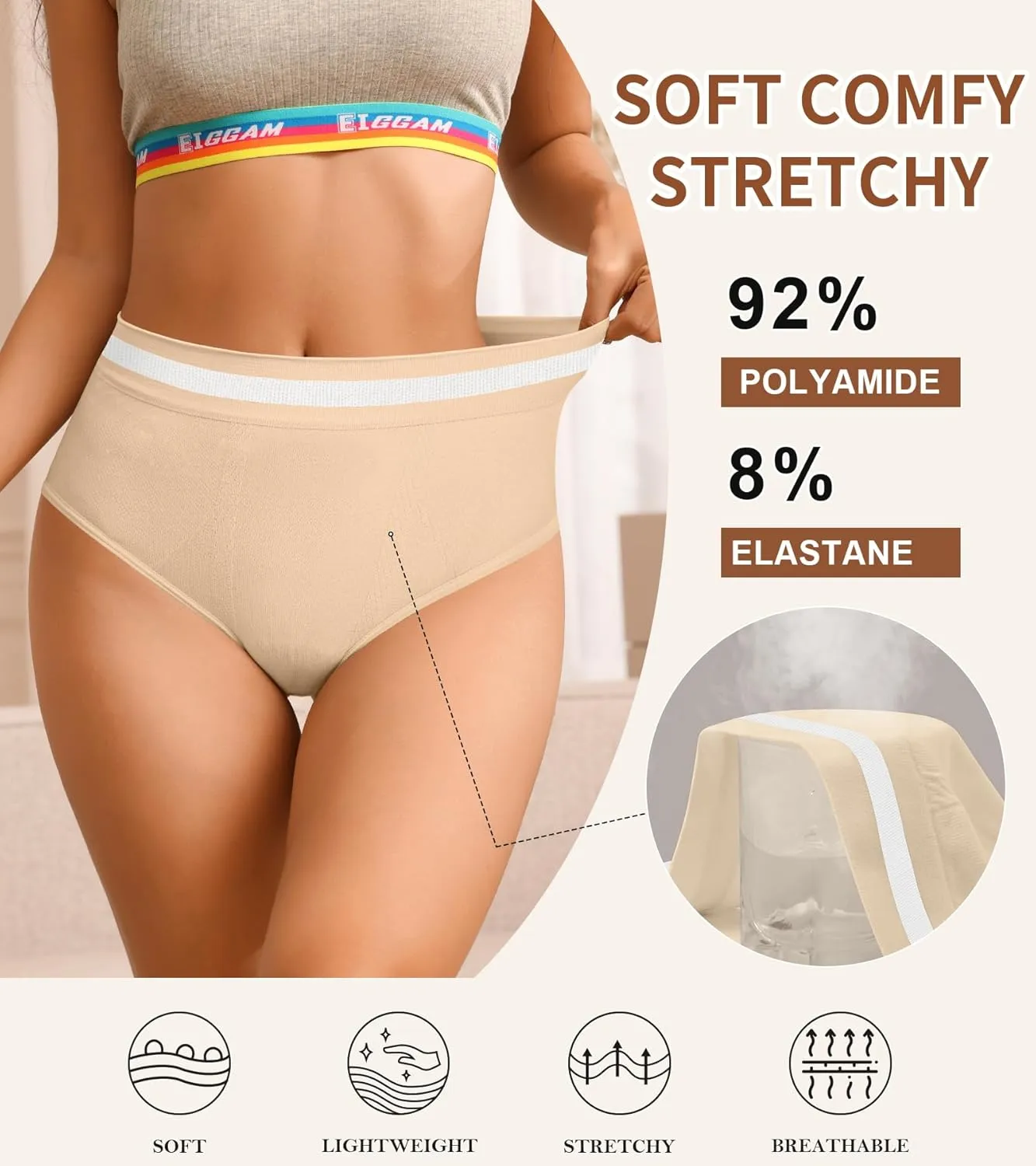 Eiggam Breathable Wicking Underwear High Waist Bikini Underwear Slight Tummy Control Panty Elastic No Show Cheeky Panty Pack