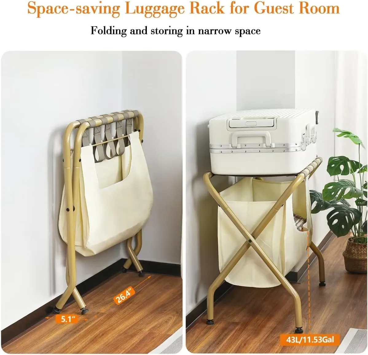 ELYKEN 2 Pack Luggage Rack with Laundry Bag, Guest Room Folding Space Saving Suitcase Holder, Max 110LBS Baggage Shelf with Heavy Duty Nylon Belts, Dirty Clothes Storage for Bedroom Hotel, Gold