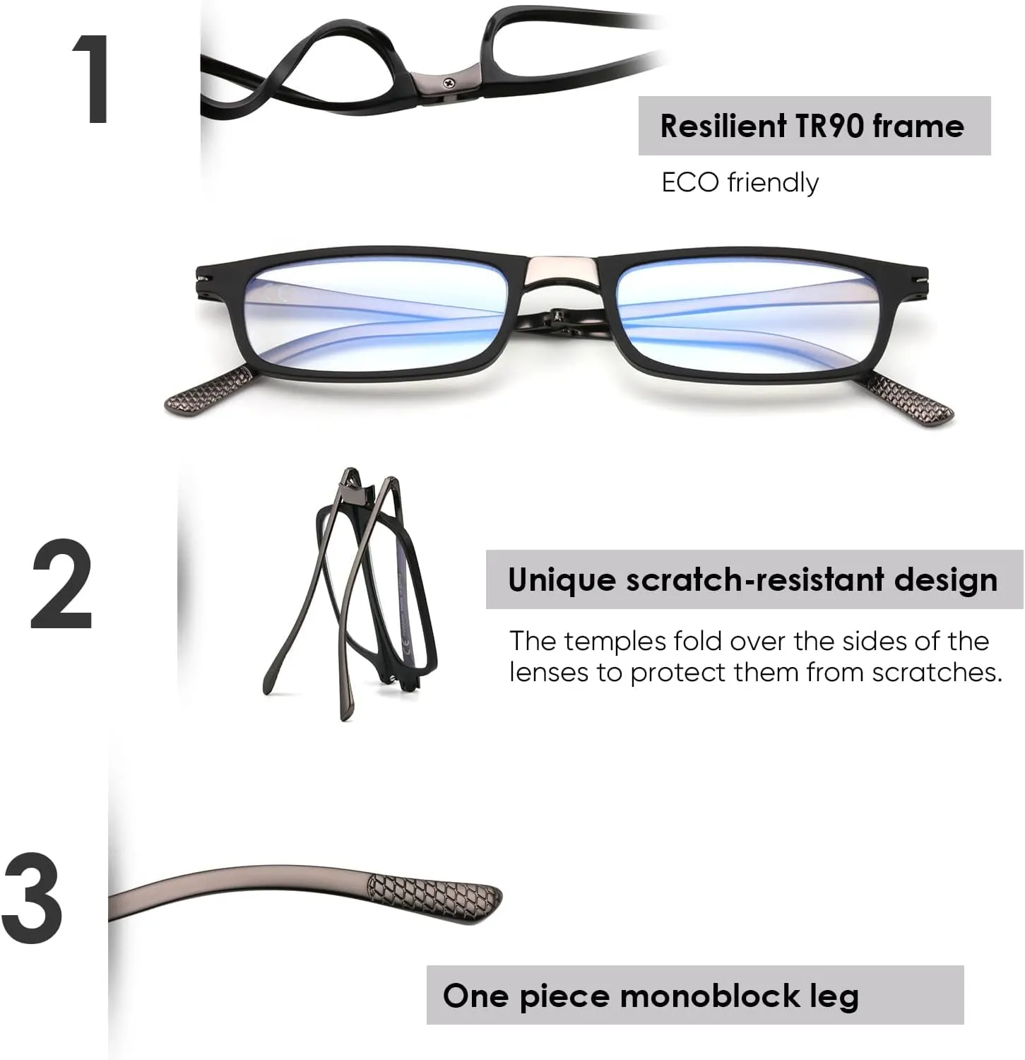 Evolved Folding Reading Glasses For Women Men Blue Light Blocking Anti UV Eyestrain Foldable Portable Compact Readers with Flat Hard Case Pocket Computer glasses 1.0 BLACK
