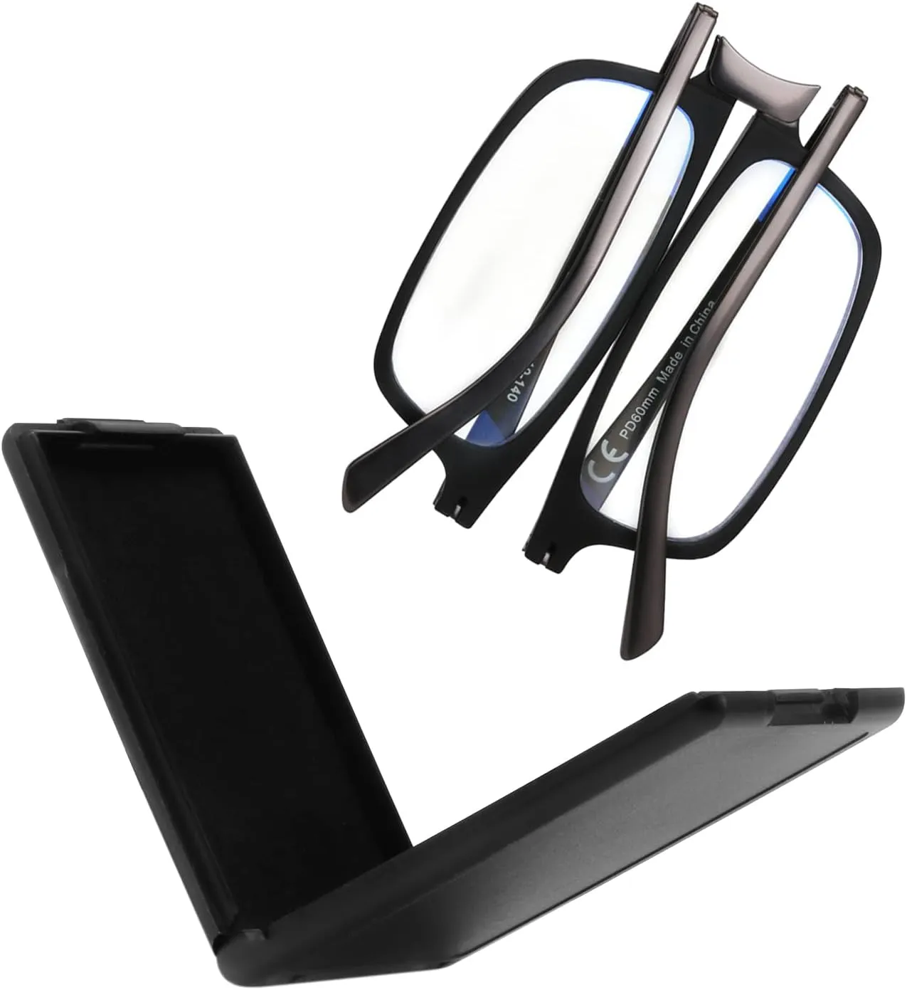 Evolved Folding Reading Glasses For Women Men Blue Light Blocking Anti UV Eyestrain Foldable Portable Compact Readers with Flat Hard Case Pocket Computer glasses 1.0 BLACK