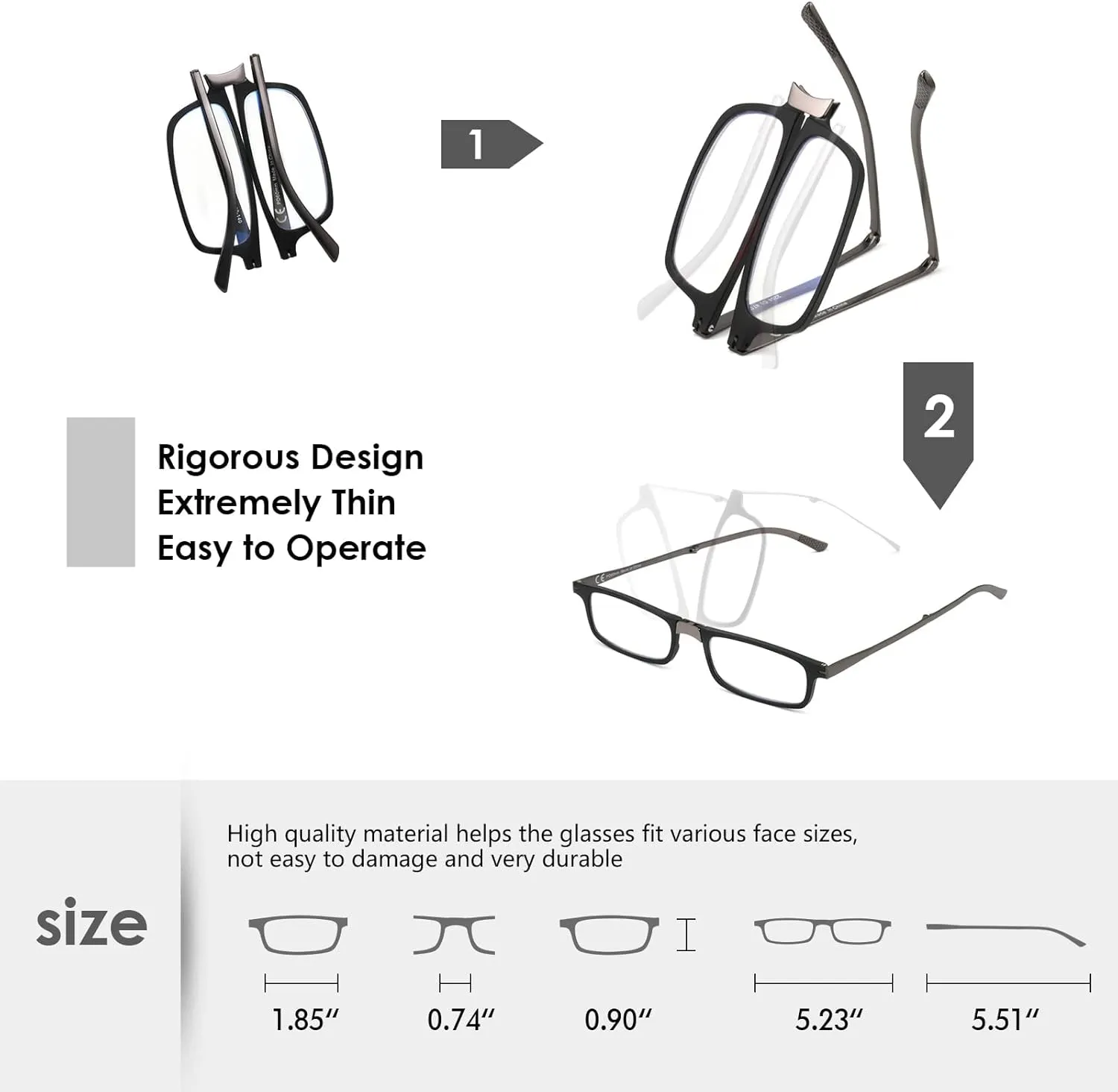 Evolved Folding Reading Glasses For Women Men Blue Light Blocking Anti UV Eyestrain Foldable Portable Compact Readers with Flat Hard Case Pocket Computer glasses 1.0 BLACK