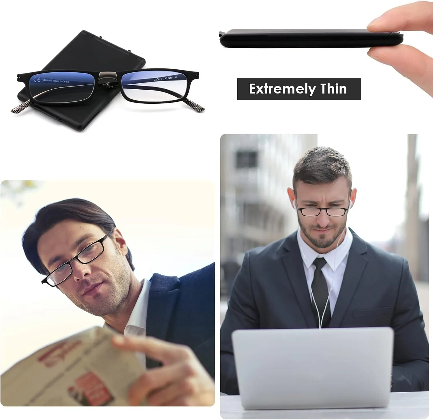 Evolved Folding Reading Glasses For Women Men Blue Light Blocking Anti UV Eyestrain Foldable Portable Compact Readers with Flat Hard Case Pocket Computer glasses 1.0 BLACK