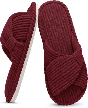 Evshine Summer House Slippers for Women Corduroy Cross Bow Indoor Slippers Open Toe Slip On Bedroom Shoes with Memory Foam