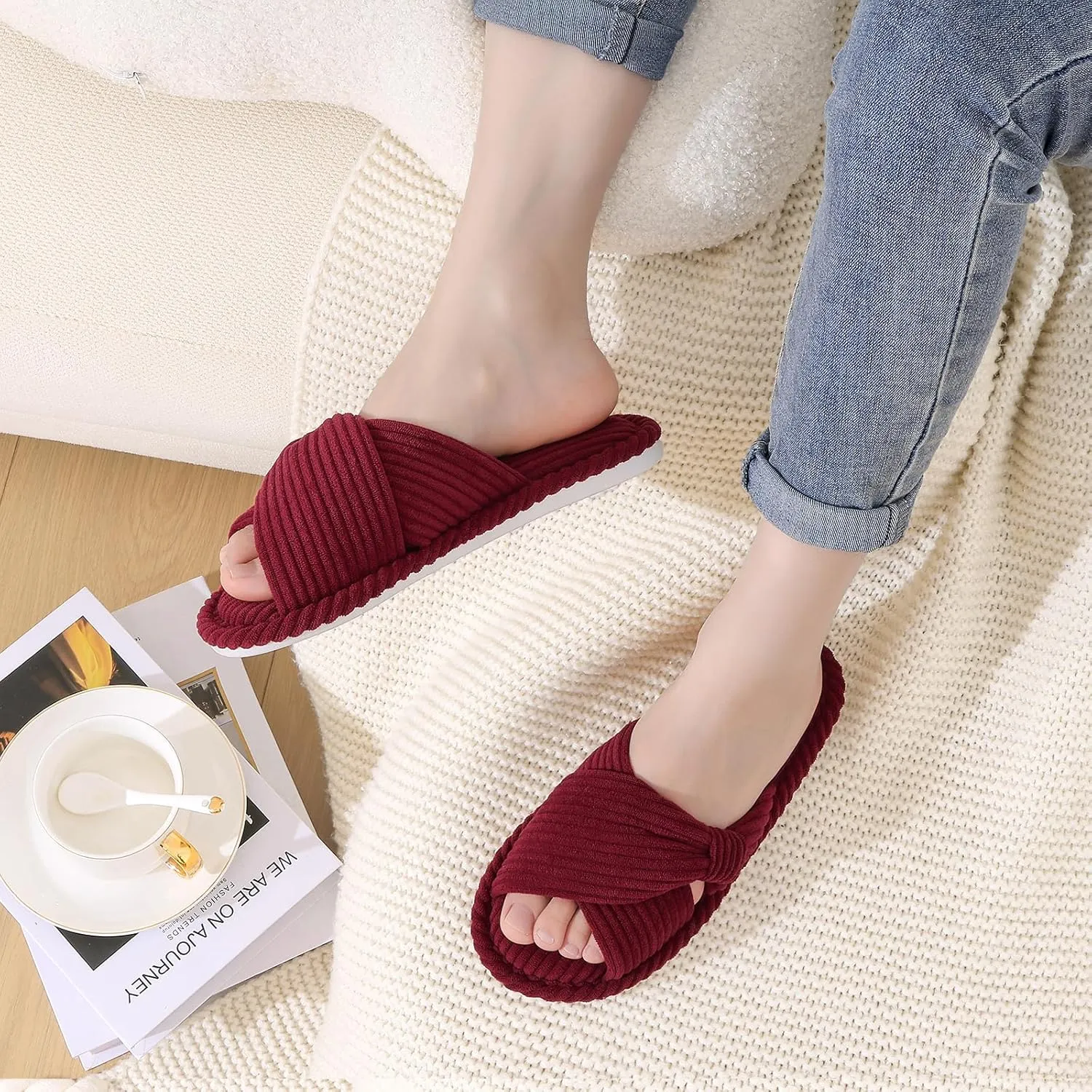 Evshine Summer House Slippers for Women Corduroy Cross Bow Indoor Slippers Open Toe Slip On Bedroom Shoes with Memory Foam