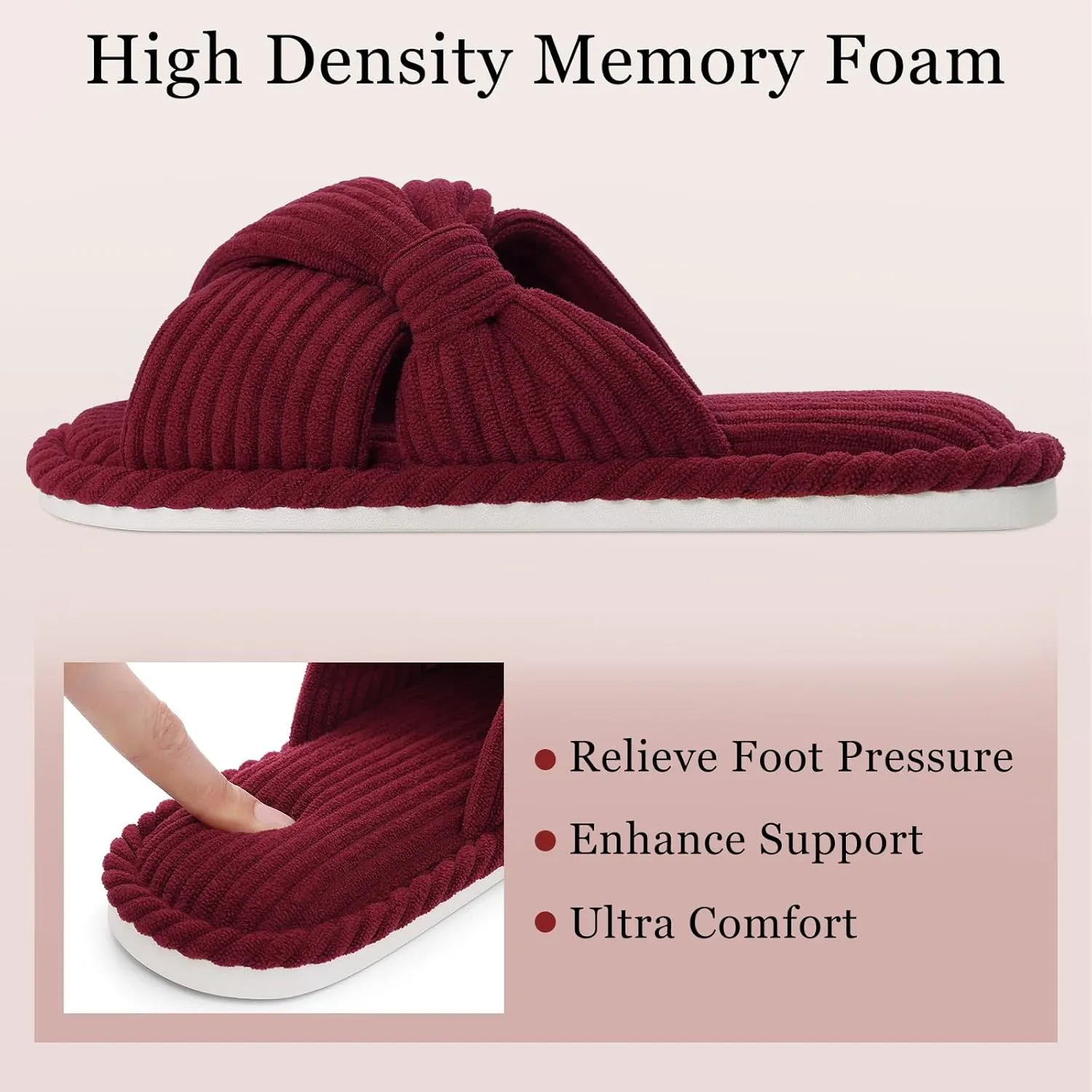 Evshine Summer House Slippers for Women Corduroy Cross Bow Indoor Slippers Open Toe Slip On Bedroom Shoes with Memory Foam