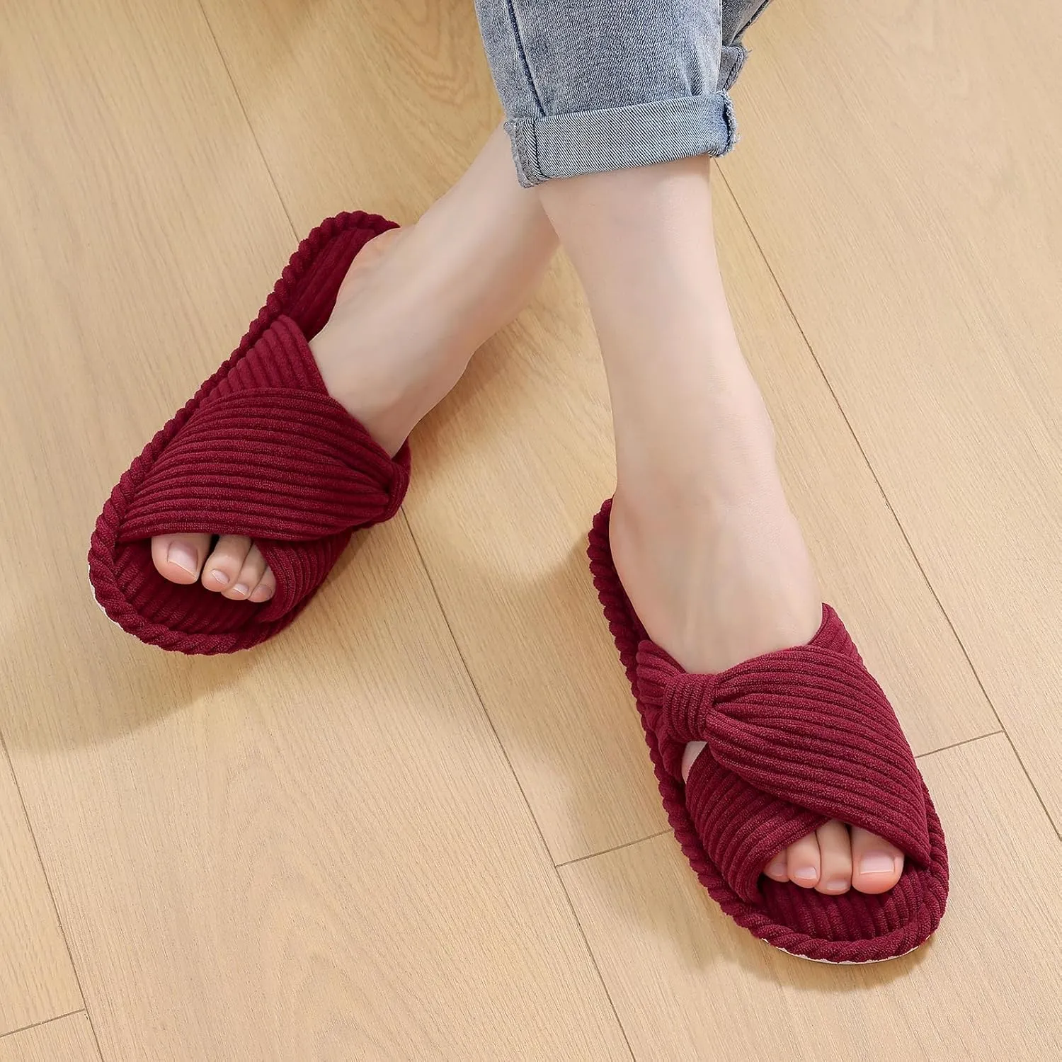 Evshine Summer House Slippers for Women Corduroy Cross Bow Indoor Slippers Open Toe Slip On Bedroom Shoes with Memory Foam