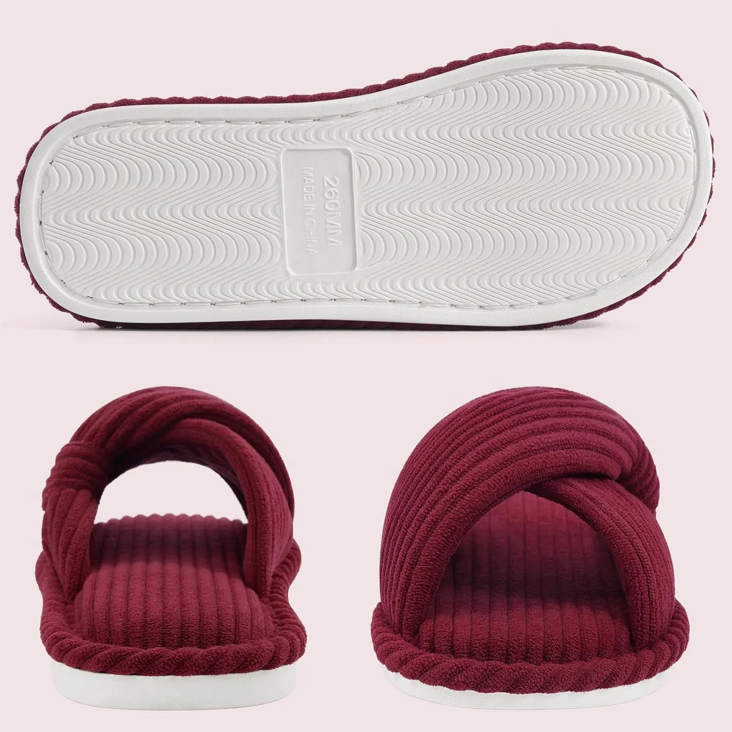 Evshine Summer House Slippers for Women Corduroy Cross Bow Indoor Slippers Open Toe Slip On Bedroom Shoes with Memory Foam