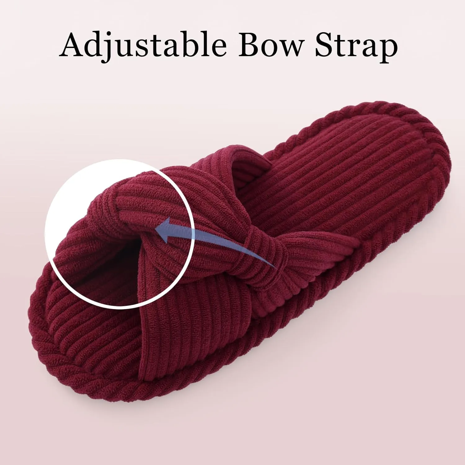 Evshine Summer House Slippers for Women Corduroy Cross Bow Indoor Slippers Open Toe Slip On Bedroom Shoes with Memory Foam