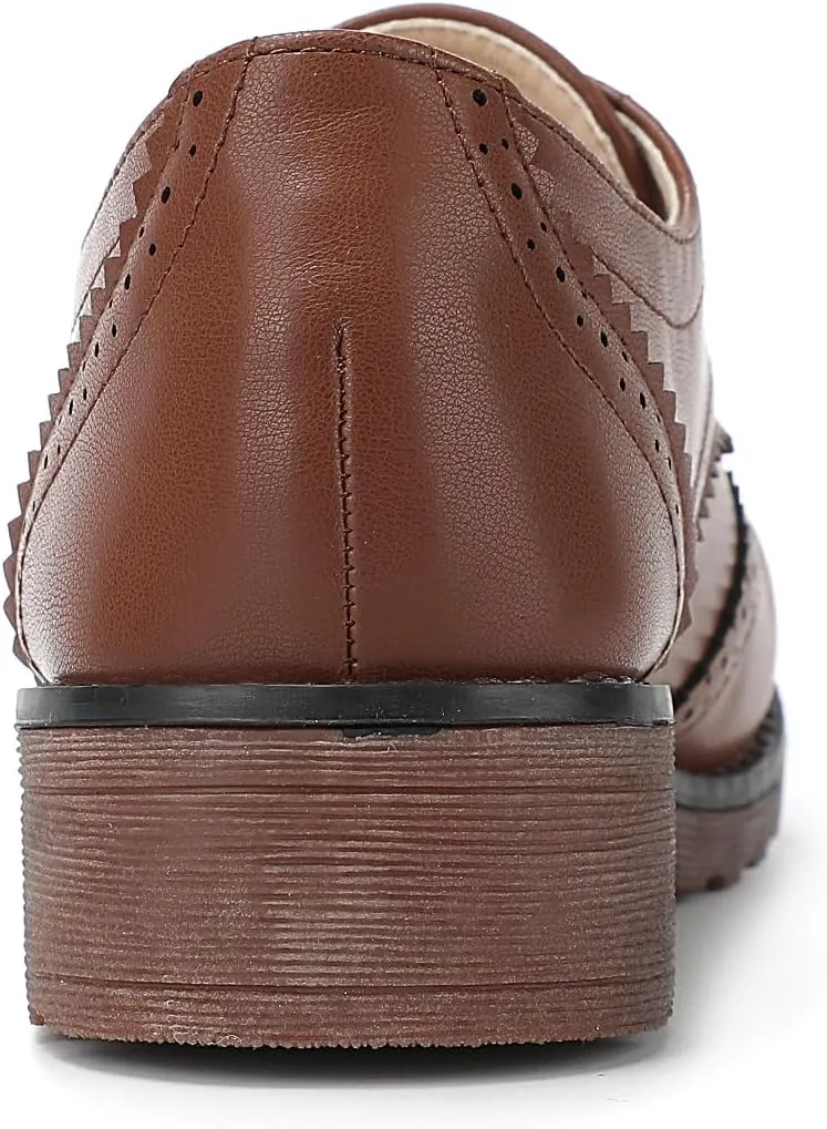 Fashion Women Oxford Shoes Block Heel Lace Up Derby Casual Brogue Shoes Brown Sneaker