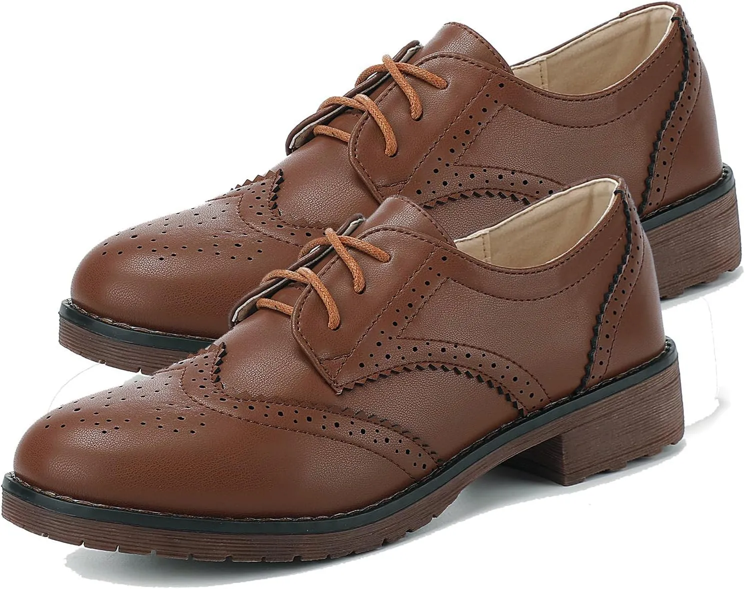 Fashion Women Oxford Shoes Block Heel Lace Up Derby Casual Brogue Shoes Brown Sneaker
