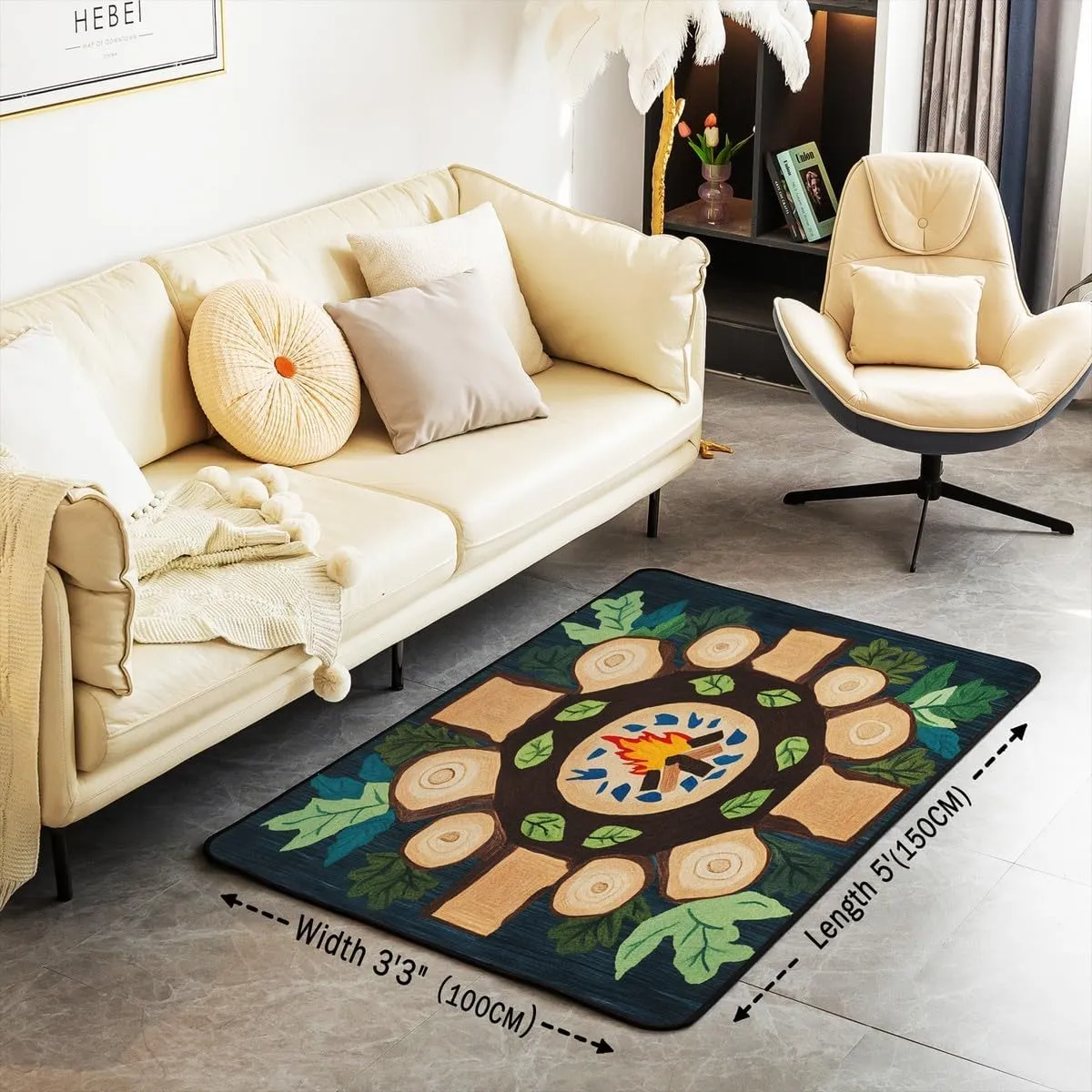 Feelyou Campfire Play Area Rug 3x5 Woodland Tree Themed Living Room Rugs for Kids Boys Girls Decorative Carpet Campsite Summer Accent Rug Green Classroom Rug