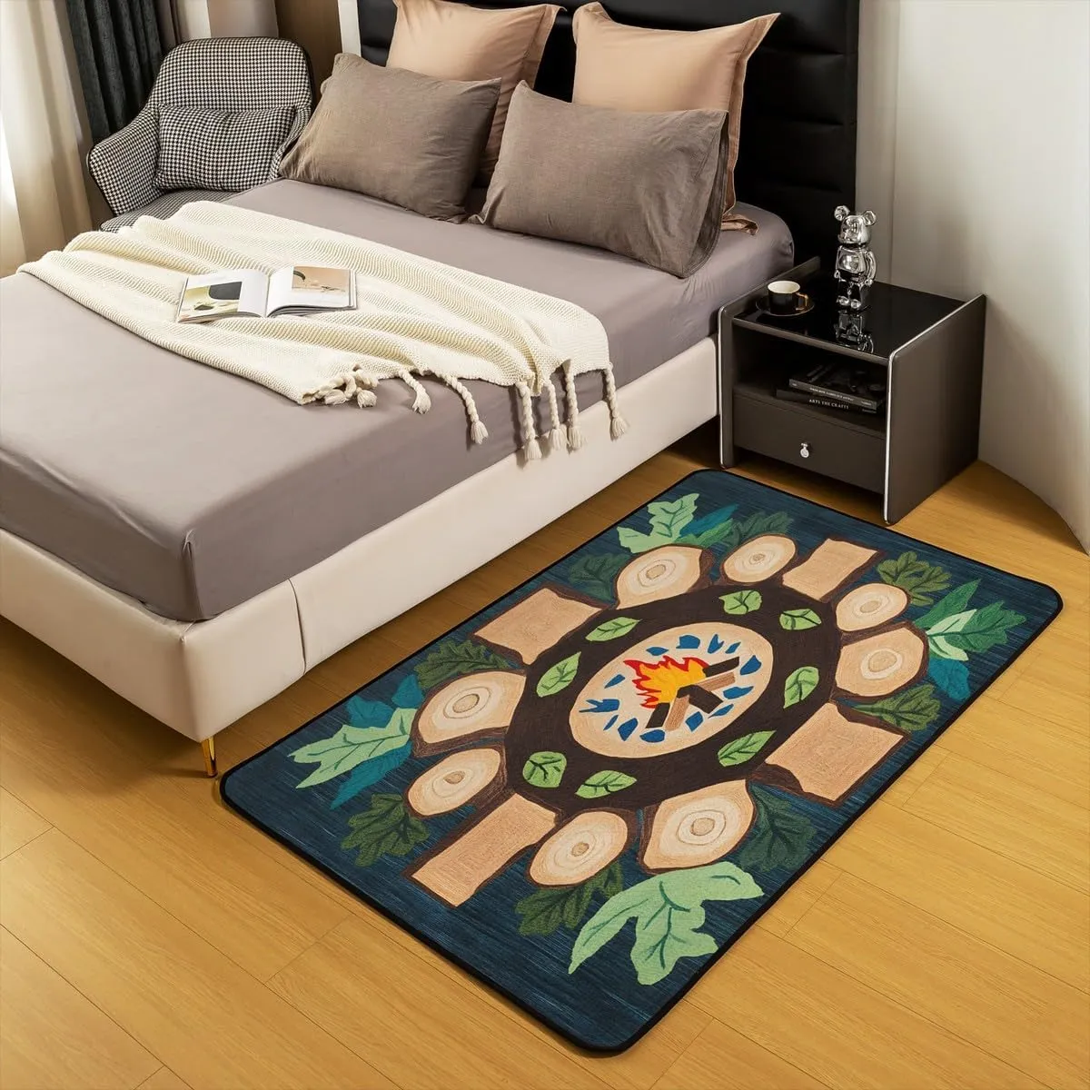 Feelyou Campfire Play Area Rug 3x5 Woodland Tree Themed Living Room Rugs for Kids Boys Girls Decorative Carpet Campsite Summer Accent Rug Green Classroom Rug