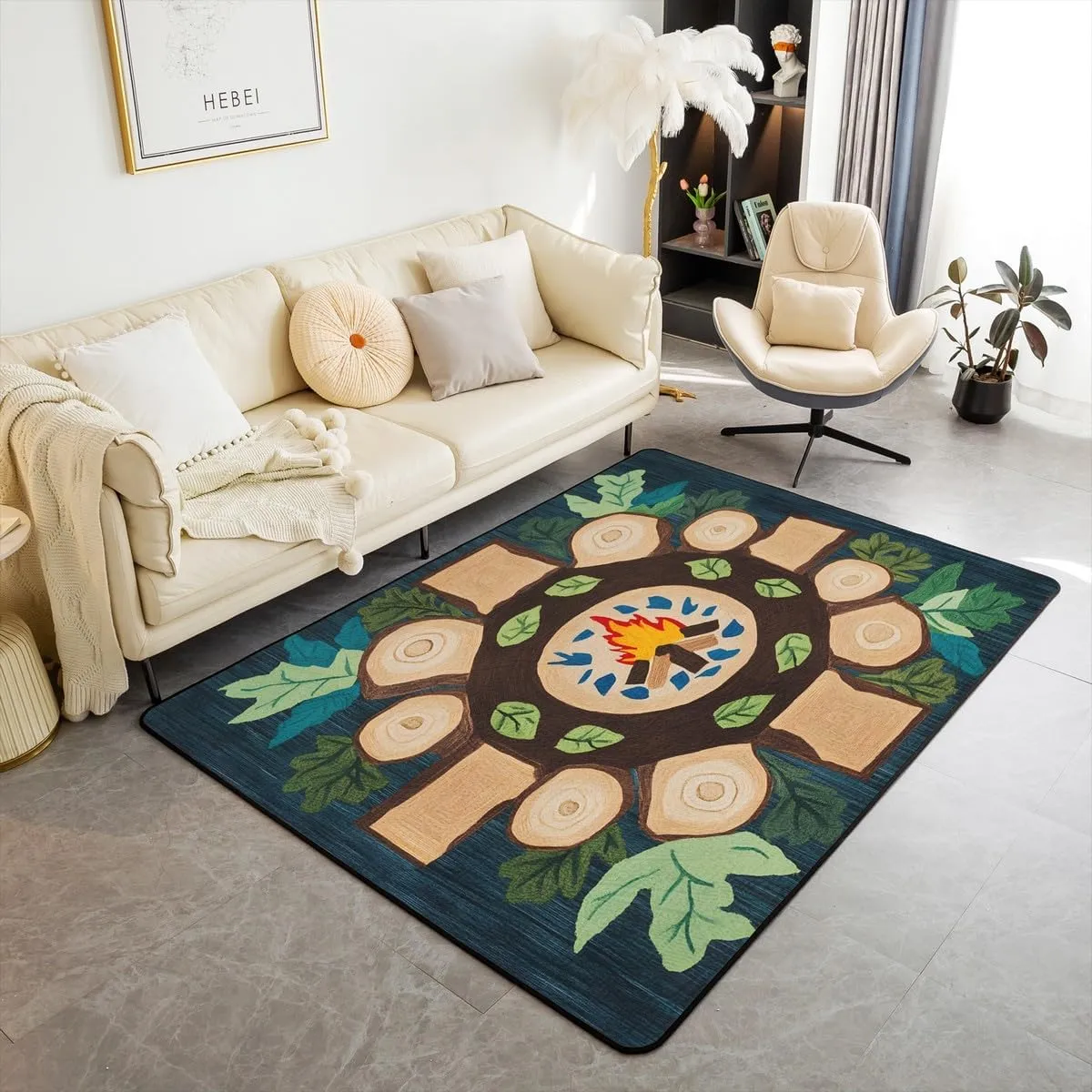Feelyou Campfire Play Area Rug 3x5 Woodland Tree Themed Living Room Rugs for Kids Boys Girls Decorative Carpet Campsite Summer Accent Rug Green Classroom Rug