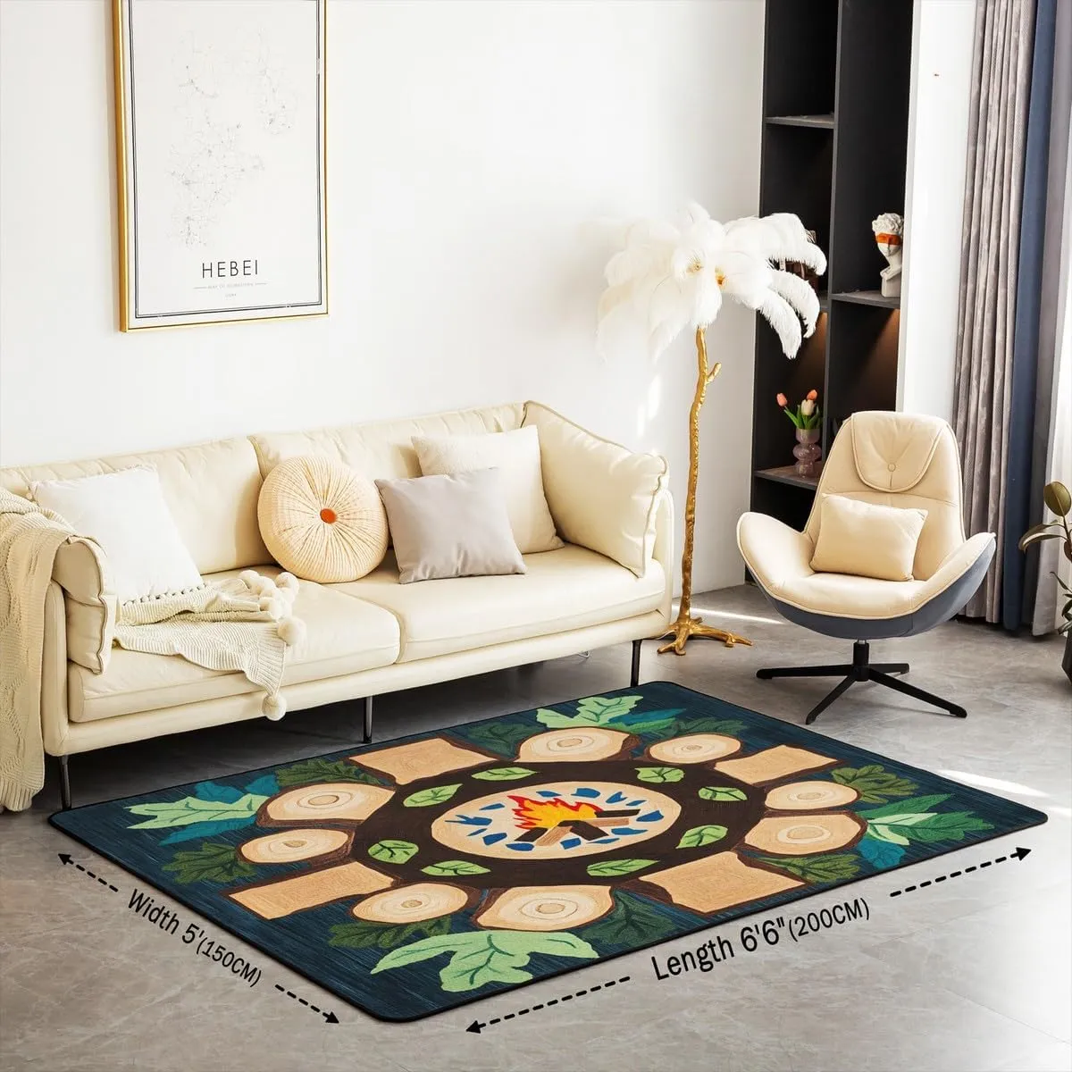 Feelyou Campfire Play Area Rug 3x5 Woodland Tree Themed Living Room Rugs for Kids Boys Girls Decorative Carpet Campsite Summer Accent Rug Green Classroom Rug