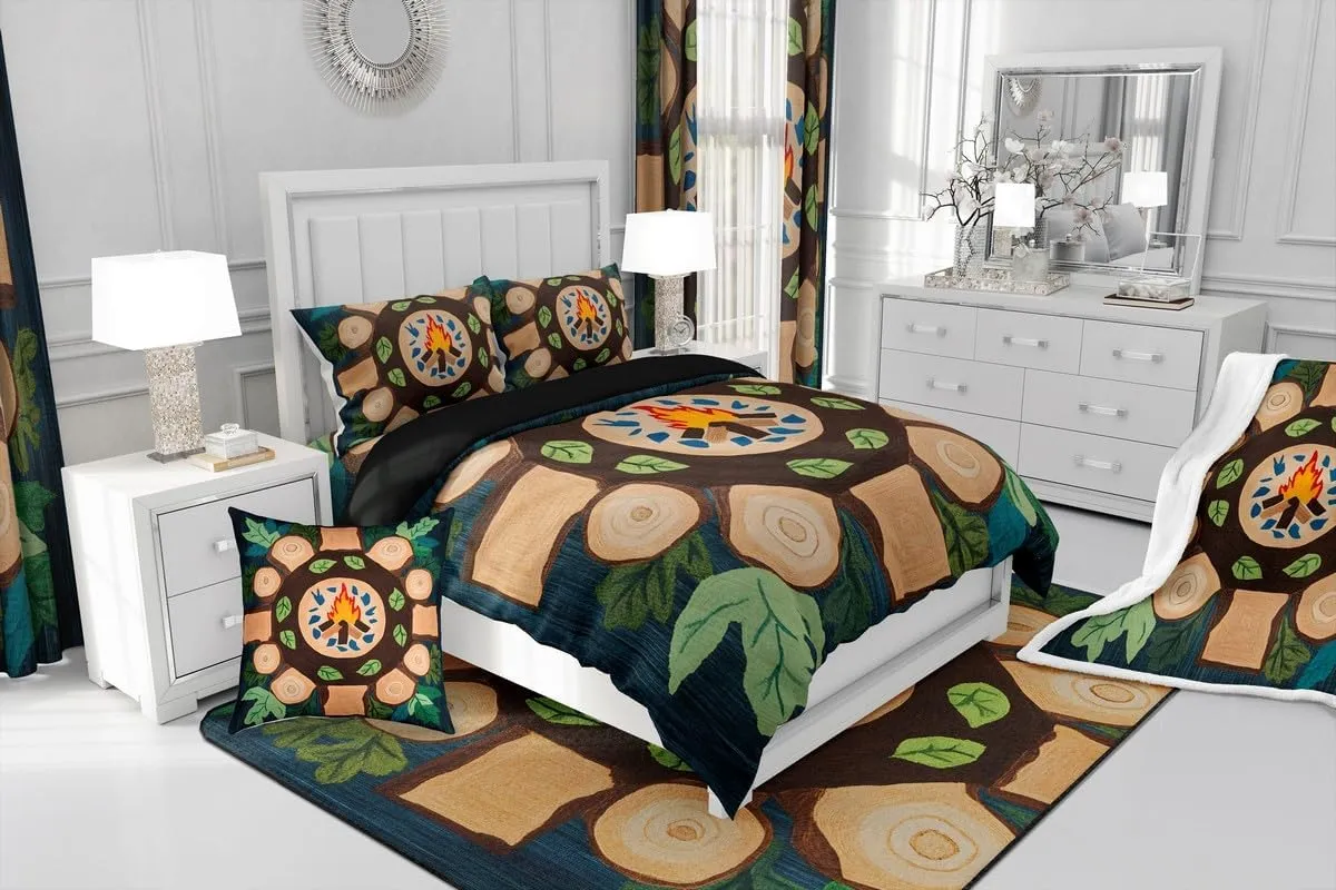 Feelyou Campfire Play Area Rug 3x5 Woodland Tree Themed Living Room Rugs for Kids Boys Girls Decorative Carpet Campsite Summer Accent Rug Green Classroom Rug