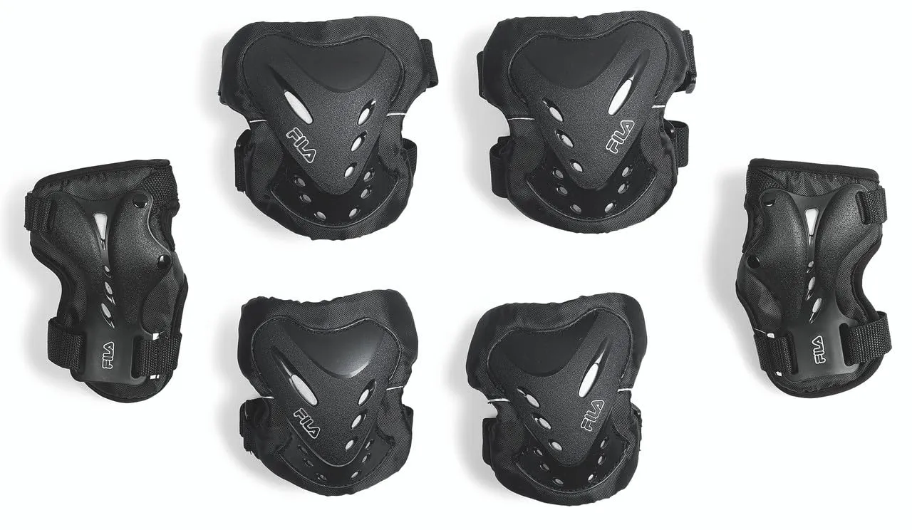 FILA Adult Protective Gear Tri-Pack - Wrist Guards, Knee Pads, Elbow Pads for Roller Skates & Inline Skates - Durable, Comfortable, Adjustable Fit for Skaters of All Levels | Black/Silver, Medium
