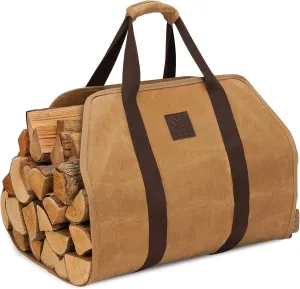 Firewood Carrier Bag, Khaki Color, Water-Resistant, 40" L x 19" W, with Padded Handle, Cross-Stitched Straps, Foldable Design