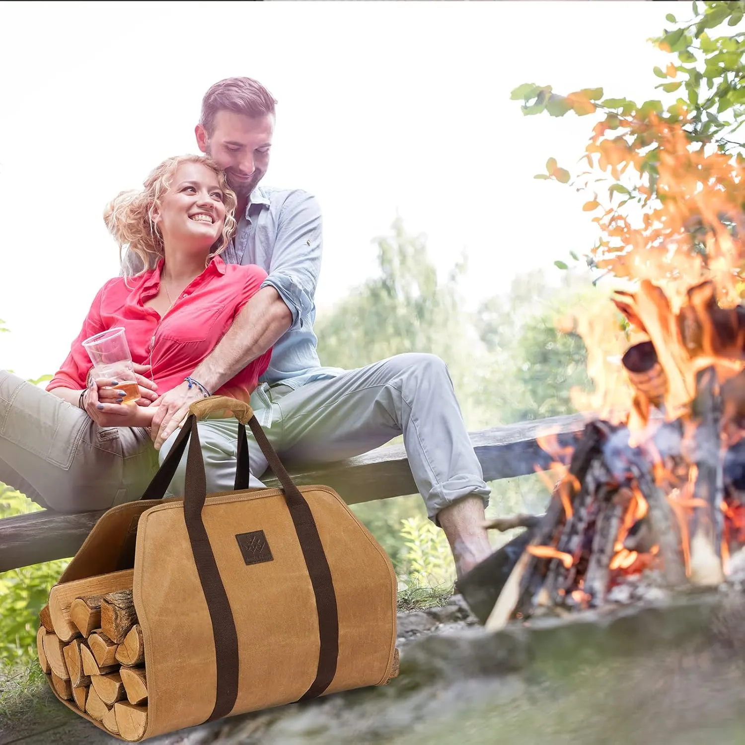 Firewood Carrier Bag, Khaki Color, Water-Resistant, 40" L x 19" W, with Padded Handle, Cross-Stitched Straps, Foldable Design