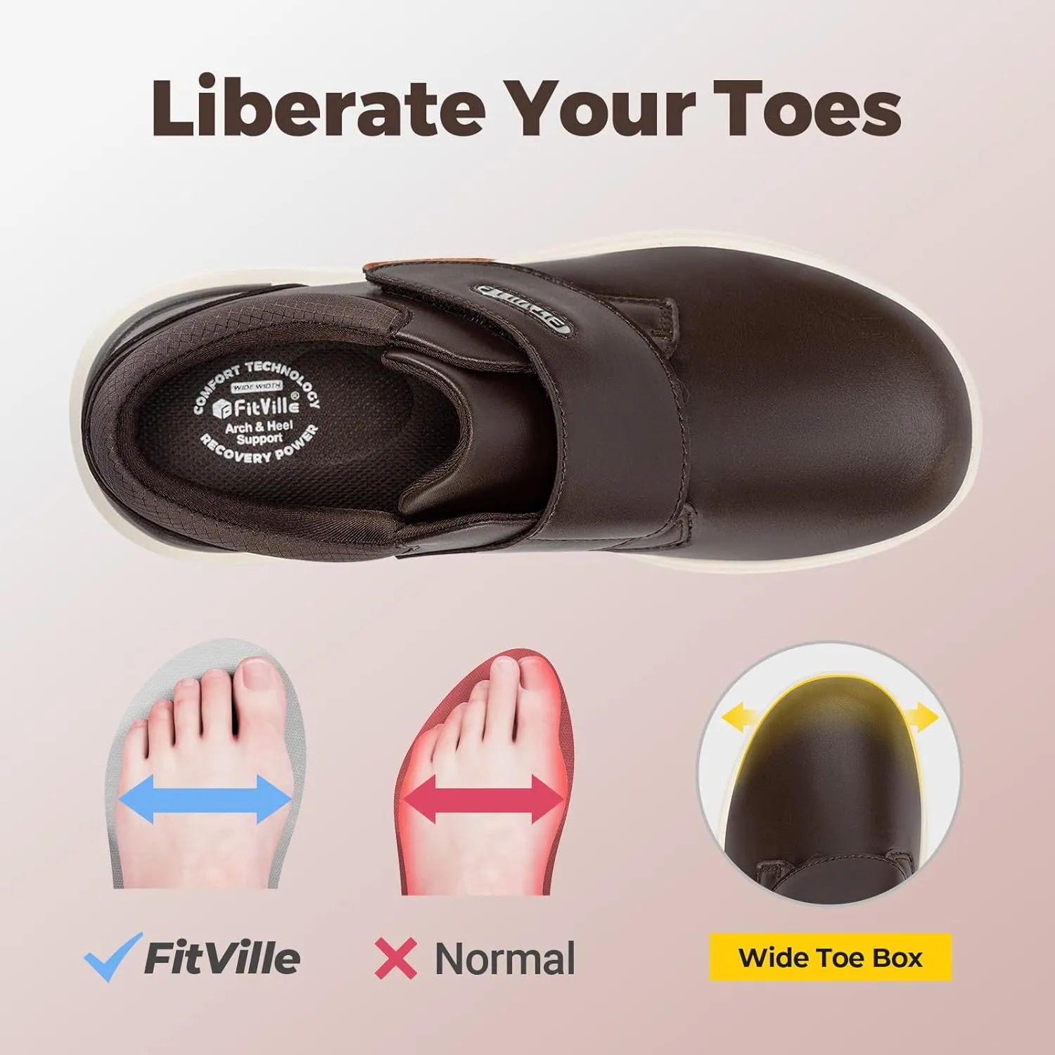FitVille Diabetic Shoes for Men Extra Wide Slip-on Walking Shoes for Edema Hook & Loop Recovery Leather Oxford Shoes for Swollen Feet