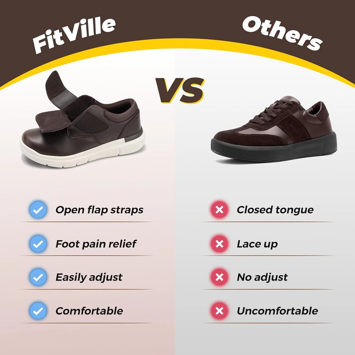 FitVille Diabetic Shoes for Men Extra Wide Slip-on Walking Shoes for Edema Hook & Loop Recovery Leather Oxford Shoes for Swollen Feet