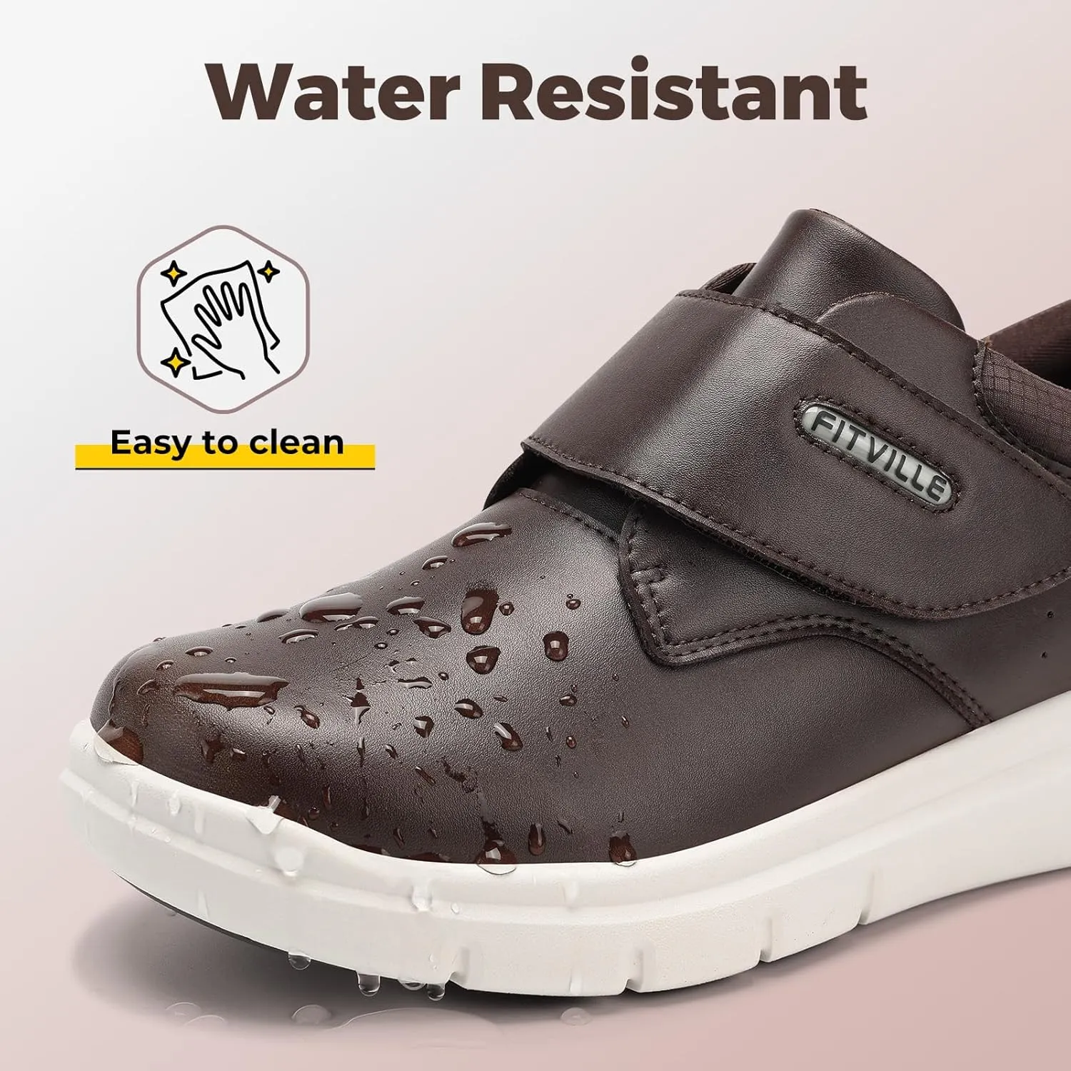 FitVille Diabetic Shoes for Men Extra Wide Slip-on Walking Shoes for Edema Hook & Loop Recovery Leather Oxford Shoes for Swollen Feet