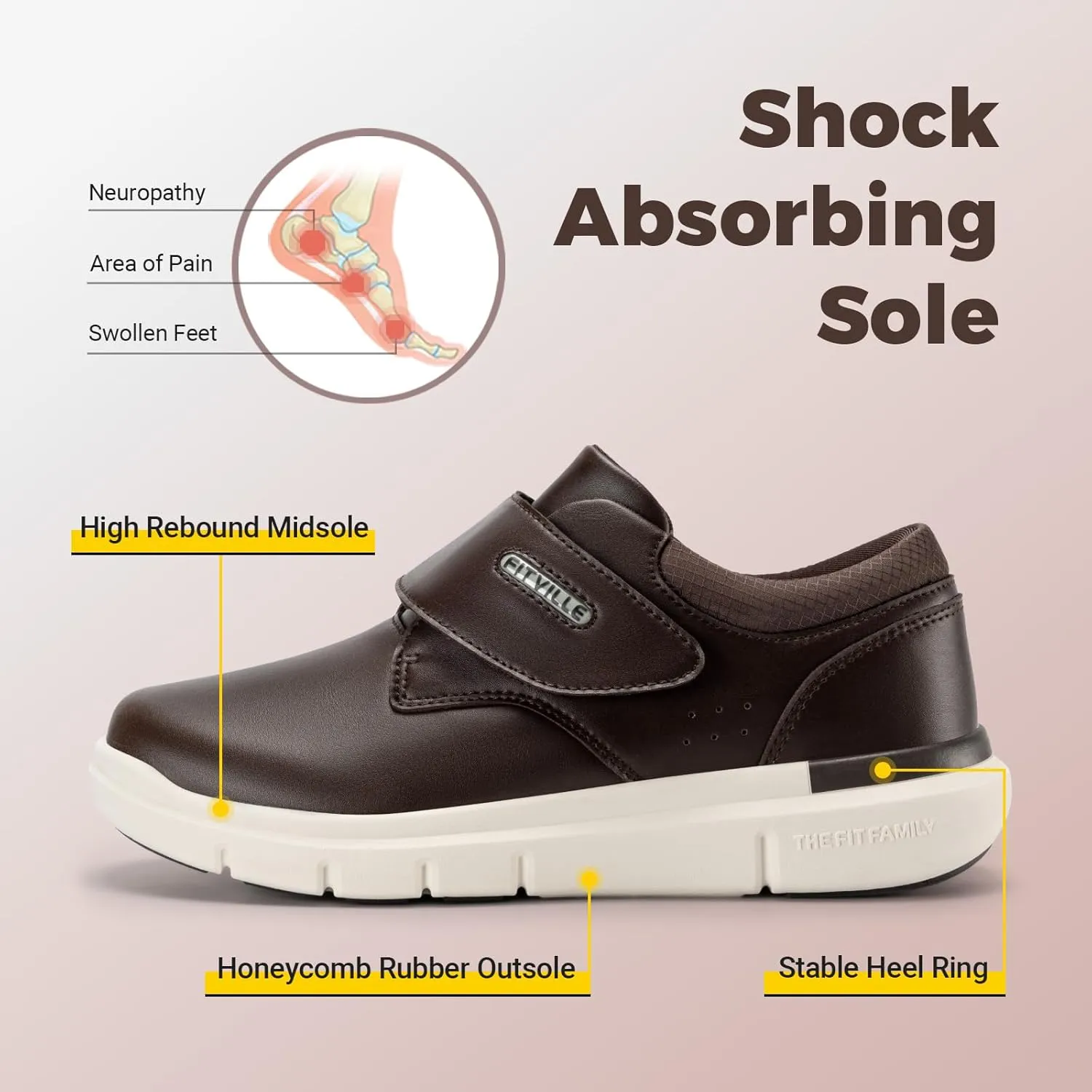 FitVille Diabetic Shoes for Men Extra Wide Slip-on Walking Shoes for Edema Hook & Loop Recovery Leather Oxford Shoes for Swollen Feet