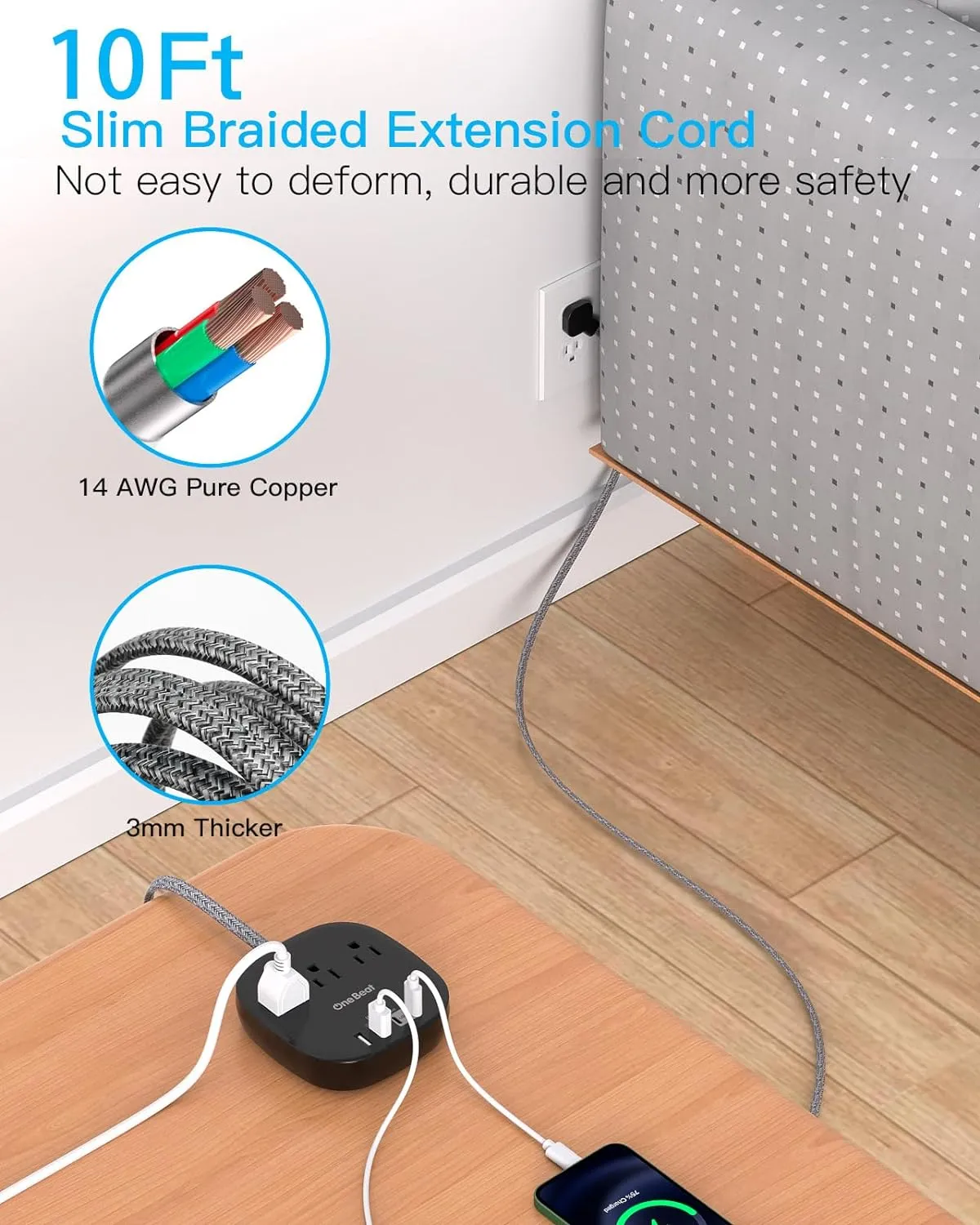 Flat Plug Power Strip, One Beat 10Ft Flat Extension Cord, 3 Outlets 4 USB Ports (2 USBC) 22.5W/4.5A Desktop Charging Station Power Strip No Surge Protection, Cruise Ship Dorm Room Travel Essentials-BK