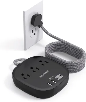 Flat Plug Power Strip, One Beat 10Ft Flat Extension Cord, 3 Outlets 4 USB Ports (2 USBC) 22.5W/4.5A Desktop Charging Station Power Strip No Surge Protection, Cruise Ship Dorm Room Travel Essentials-BK