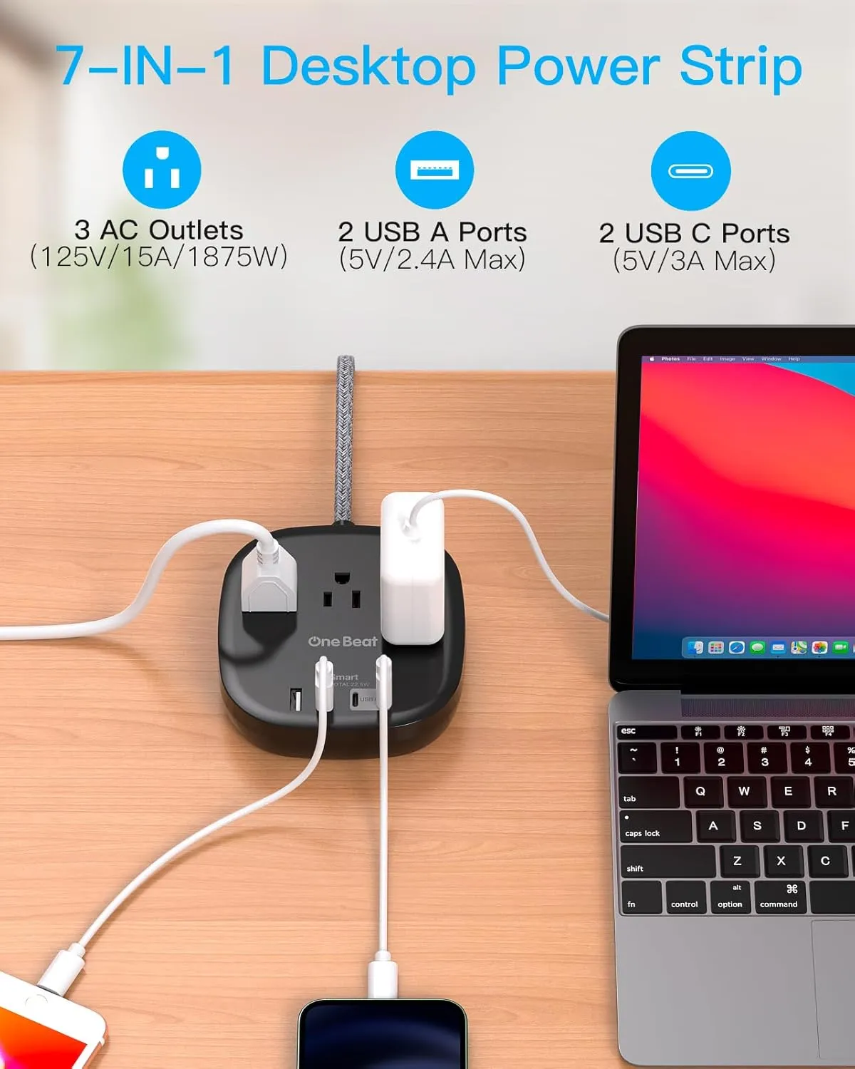 Flat Plug Power Strip, One Beat 10Ft Flat Extension Cord, 3 Outlets 4 USB Ports (2 USBC) 22.5W/4.5A Desktop Charging Station Power Strip No Surge Protection, Cruise Ship Dorm Room Travel Essentials-BK