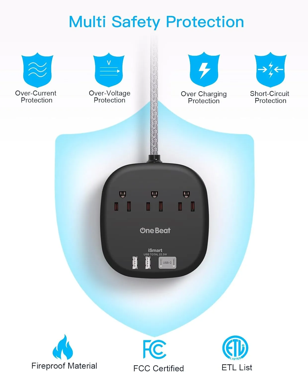 Flat Plug Power Strip, One Beat 10Ft Flat Extension Cord, 3 Outlets 4 USB Ports (2 USBC) 22.5W/4.5A Desktop Charging Station Power Strip No Surge Protection, Cruise Ship Dorm Room Travel Essentials-BK
