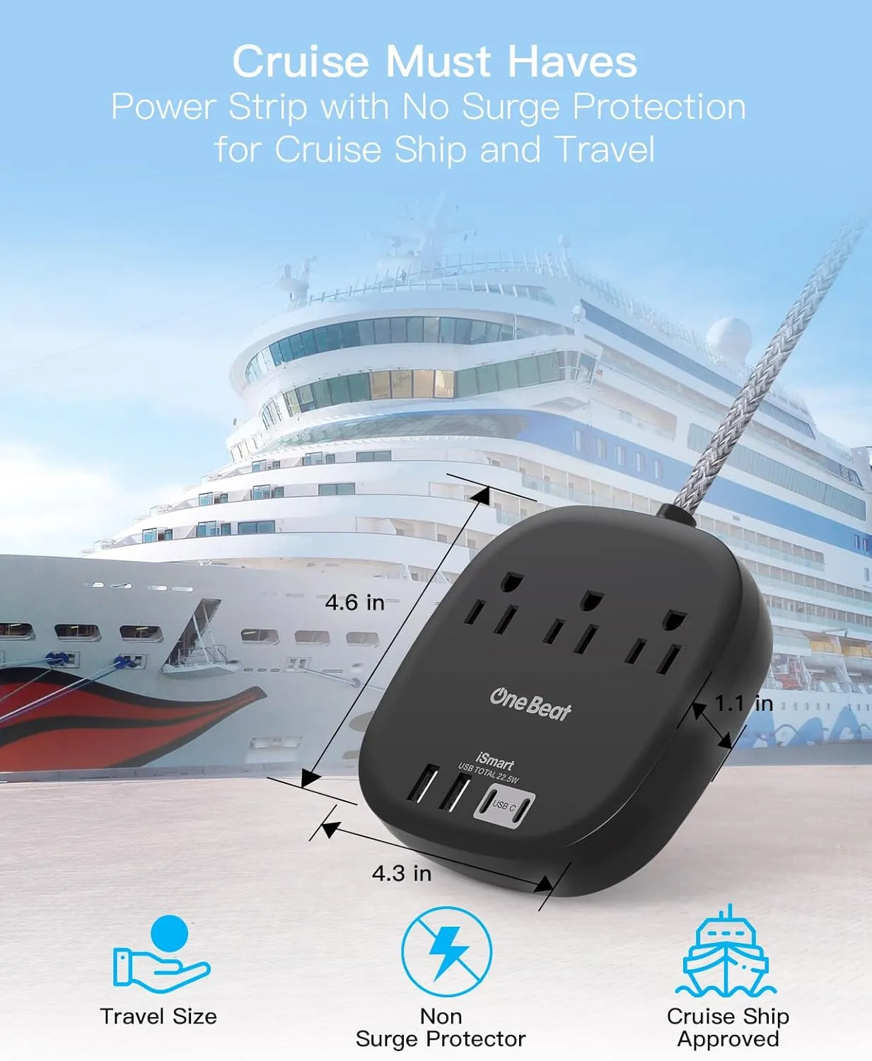 Flat Plug Power Strip, One Beat 10Ft Flat Extension Cord, 3 Outlets 4 USB Ports (2 USBC) 22.5W/4.5A Desktop Charging Station Power Strip No Surge Protection, Cruise Ship Dorm Room Travel Essentials-BK