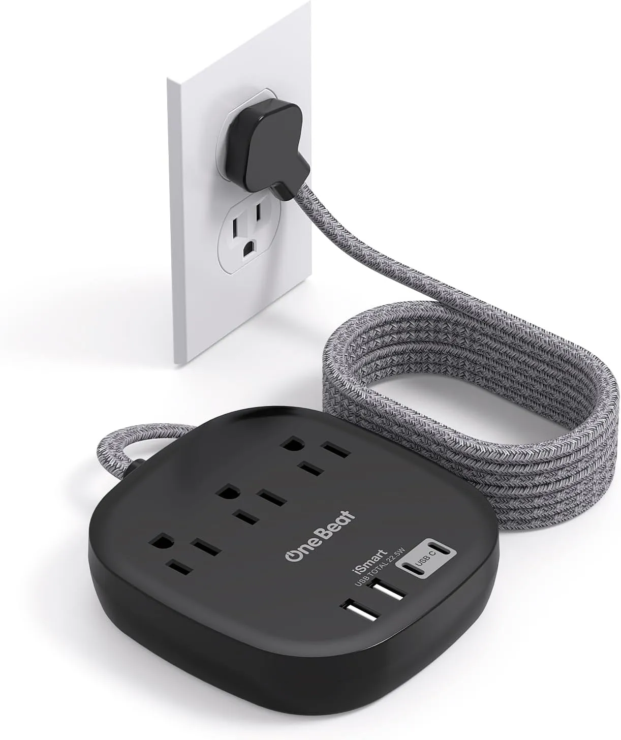 Flat Plug Power Strip, One Beat 10Ft Flat Extension Cord, 3 Outlets 4 USB Ports (2 USBC) 22.5W/4.5A Desktop Charging Station Power Strip No Surge Protection, Cruise Ship Dorm Room Travel Essentials-BK