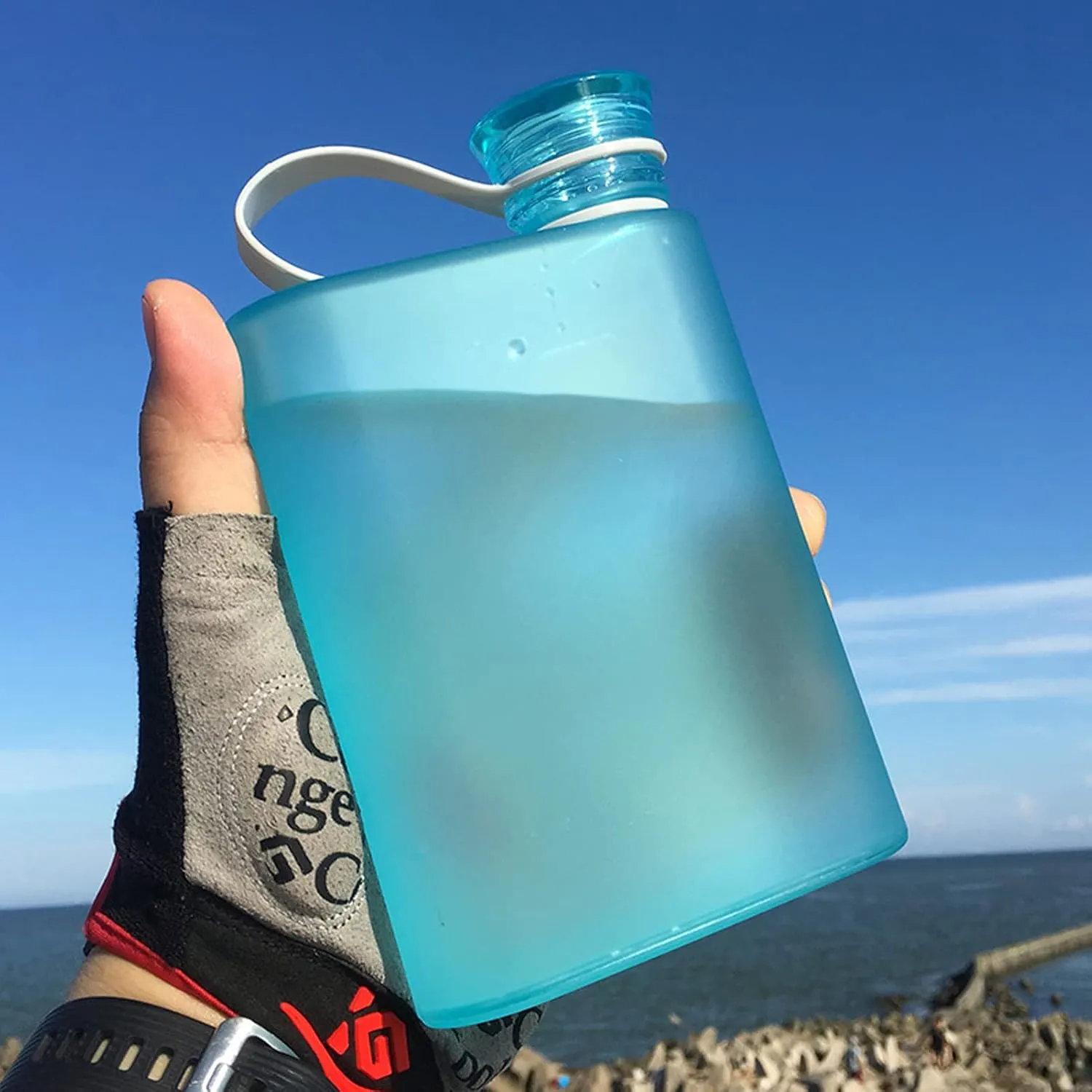 Flat Water Bottle, 380ml Transparent A5 Water Bottle Leak Proof Rectangle Water Bottles Handbag Cold Flask for Outdoor Sport Gym Camping Hiking, 4.1 x 6.4in (Blue)