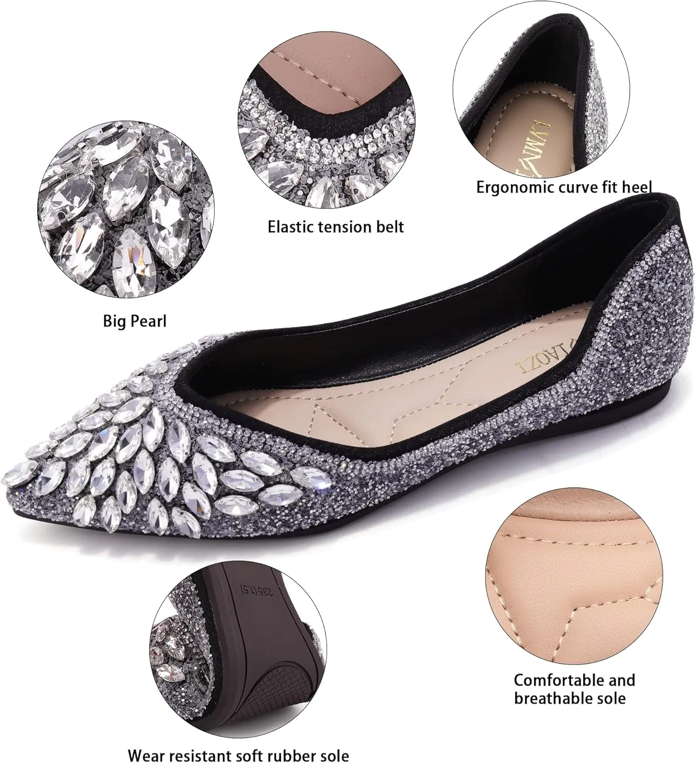Flats Shoes Women Rhinestone Sequin Wedding Pointed Toe Dress Flat Shoes Comfortable Flats for Women Dressy