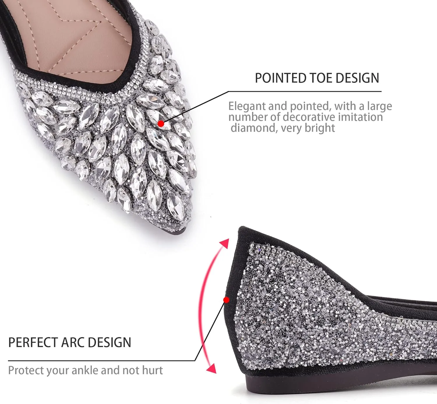 Flats Shoes Women Rhinestone Sequin Wedding Pointed Toe Dress Flat Shoes Comfortable Flats for Women Dressy