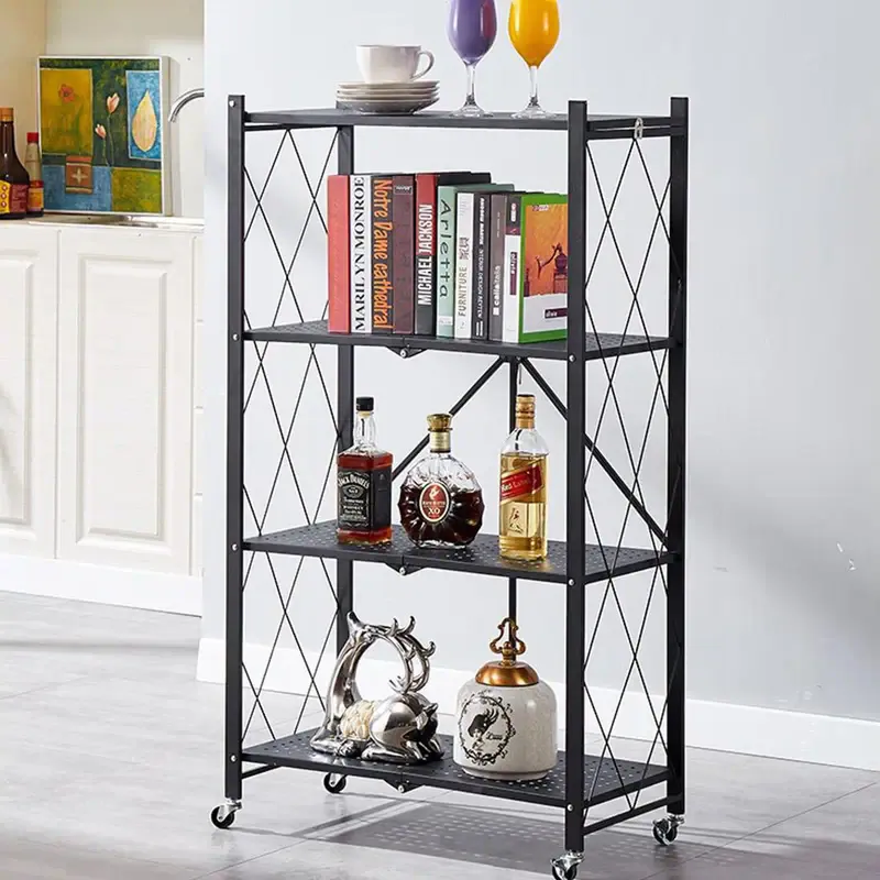 Foldable 4 Tier Kitchen Trolley Shelving Unit with Wheels