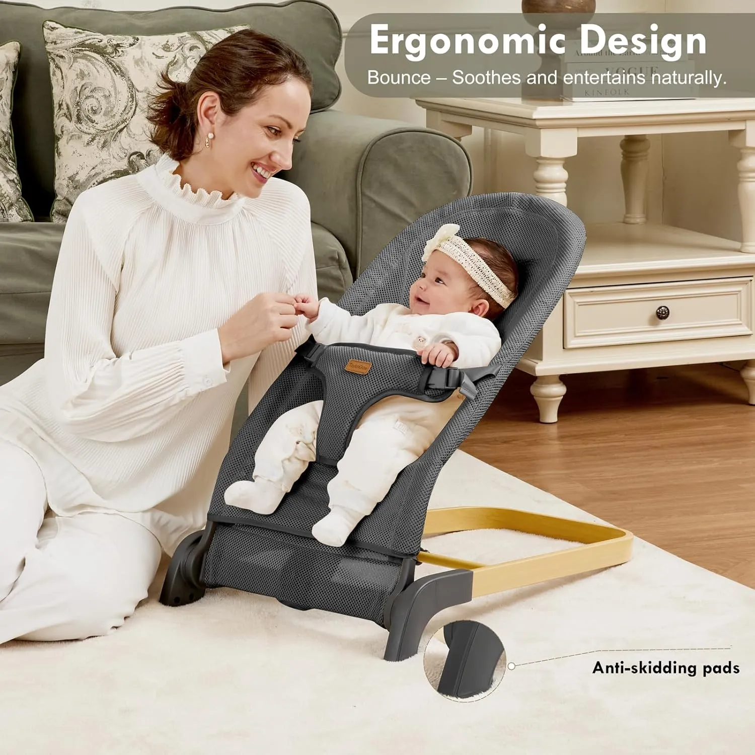 Foldable Baby Bouncer, 3-Height Adjustable, Portable Newborn Rocker, Ergonomic Bouncer Seat for 0-6 Months, Breathable Mesh (Grey)