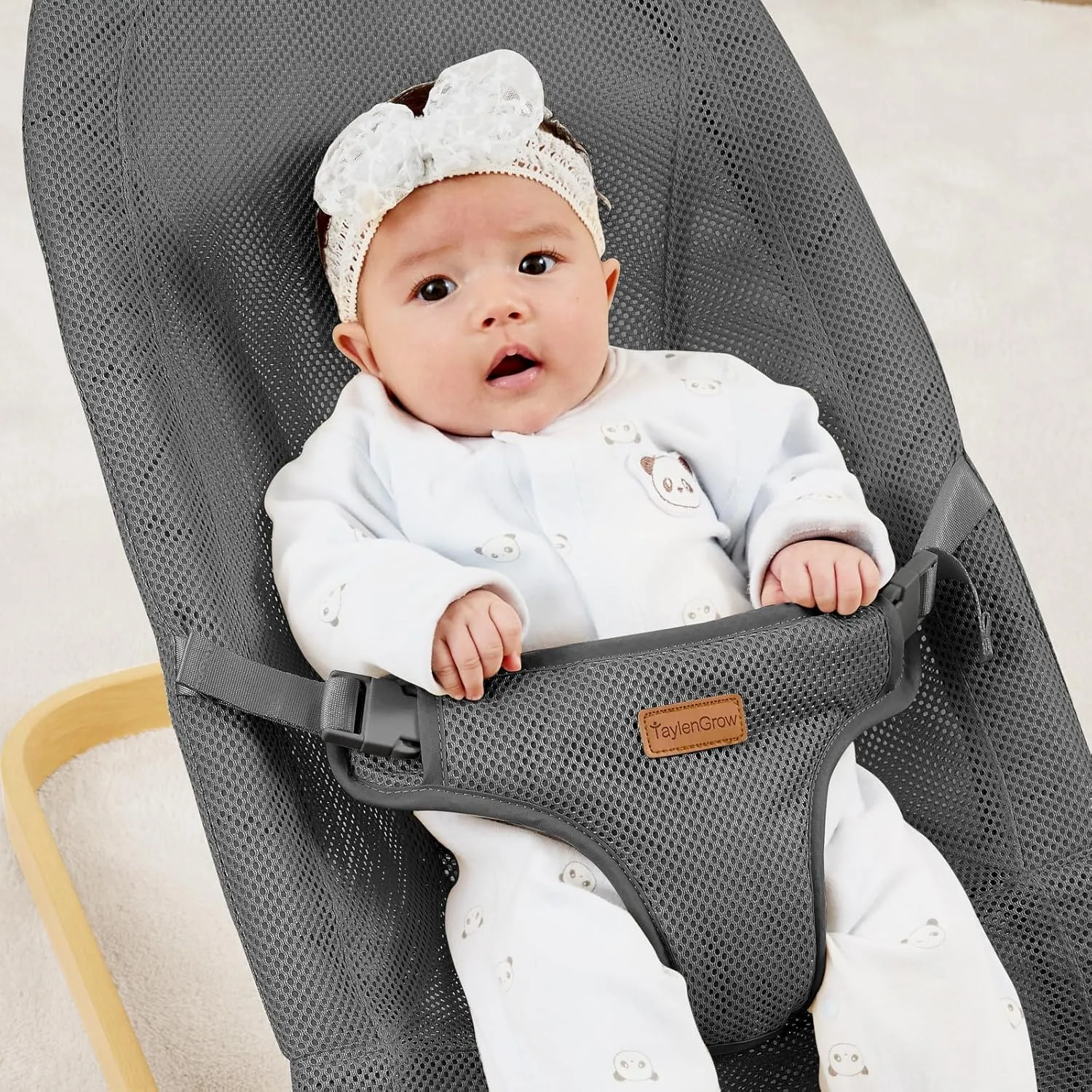 Foldable Baby Bouncer, 3-Height Adjustable, Portable Newborn Rocker, Ergonomic Bouncer Seat for 0-6 Months, Breathable Mesh (Grey)