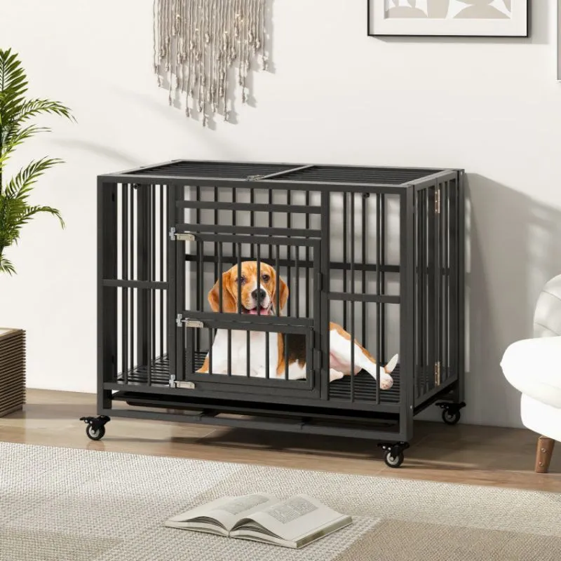 Foldable Heavy-Duty Metal Dog Cage with Lockable Wheels