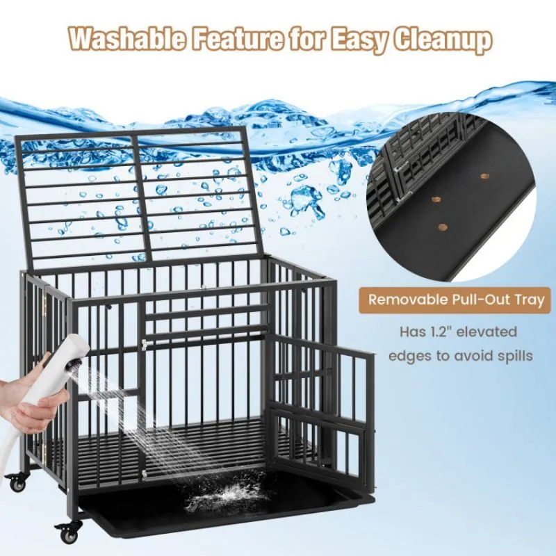 Foldable Heavy-Duty Metal Dog Cage with Lockable Wheels