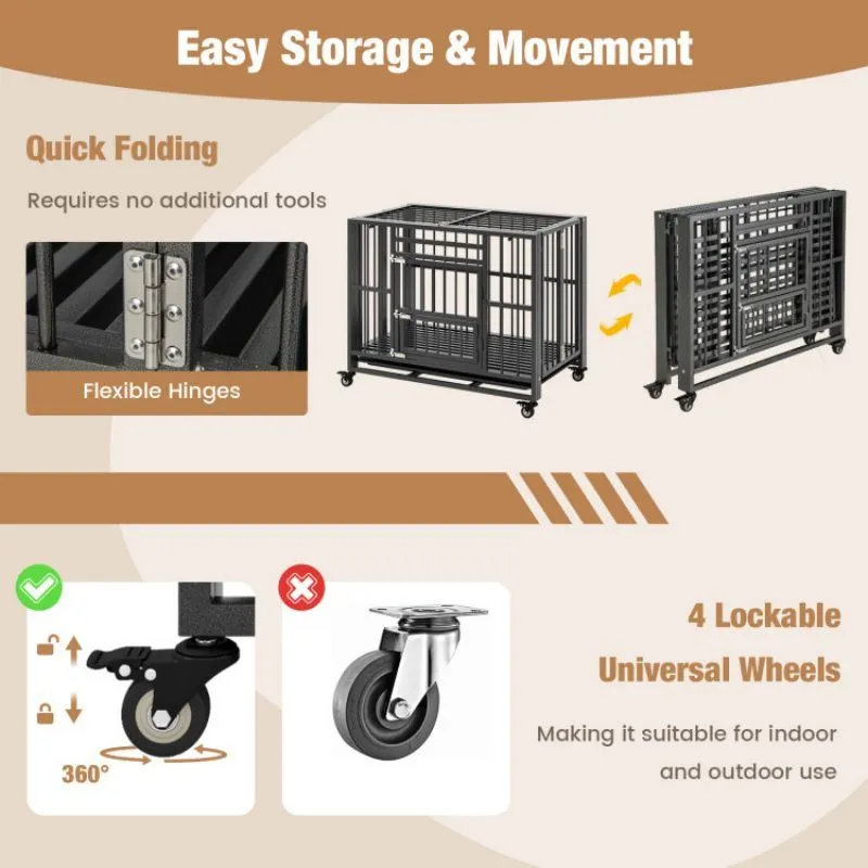 Foldable Heavy-Duty Metal Dog Cage with Lockable Wheels
