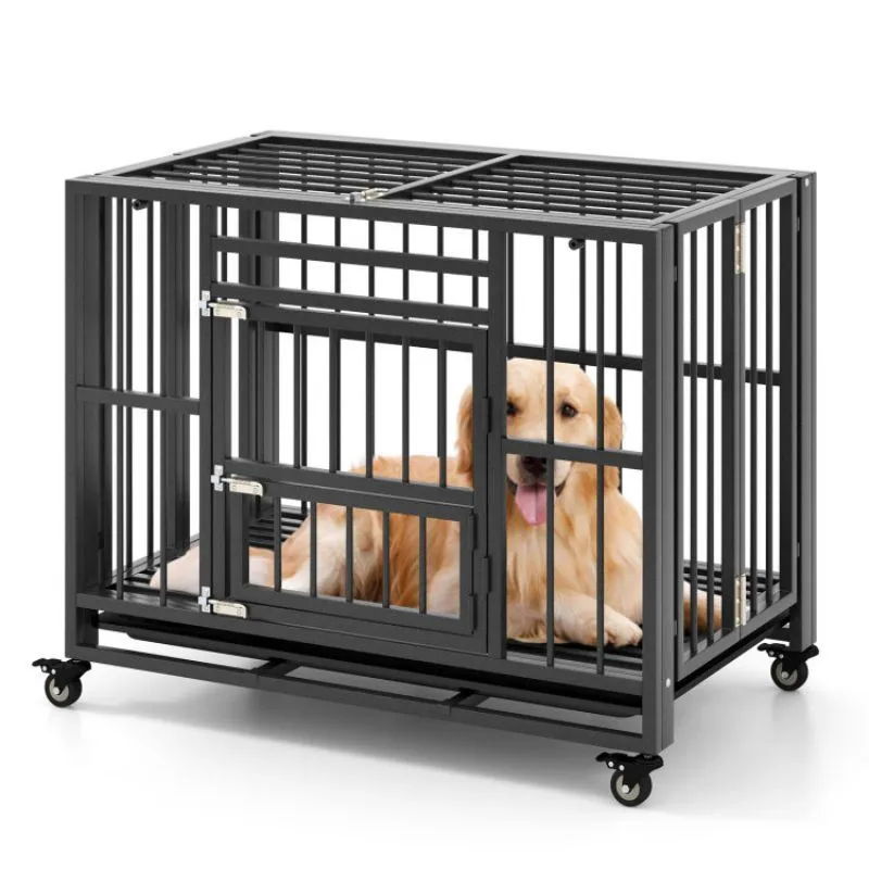 Foldable Heavy-Duty Metal Dog Cage with Lockable Wheels
