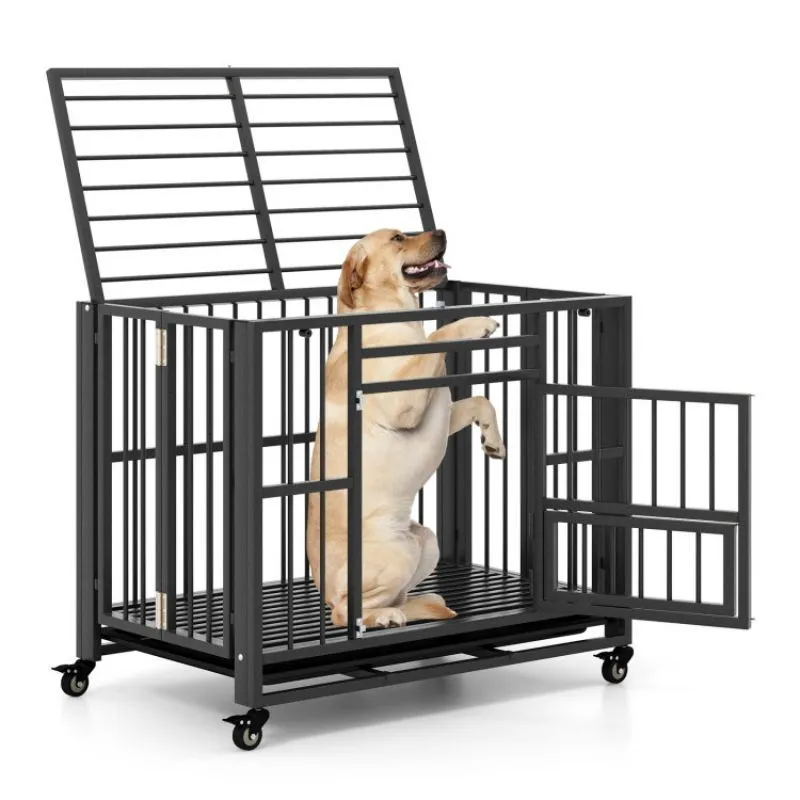 Foldable Heavy-Duty Metal Dog Cage with Lockable Wheels