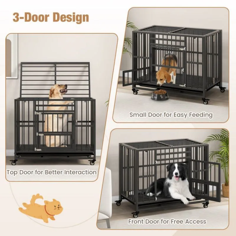 Foldable Heavy-Duty Metal Dog Cage with Lockable Wheels