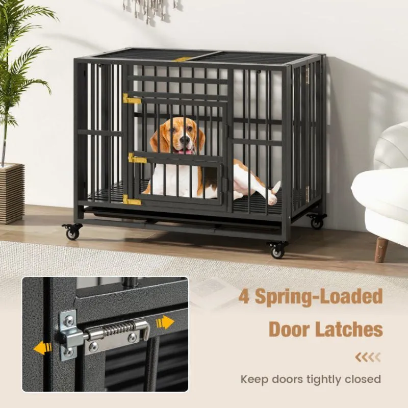 Foldable Heavy-Duty Metal Dog Cage with Lockable Wheels